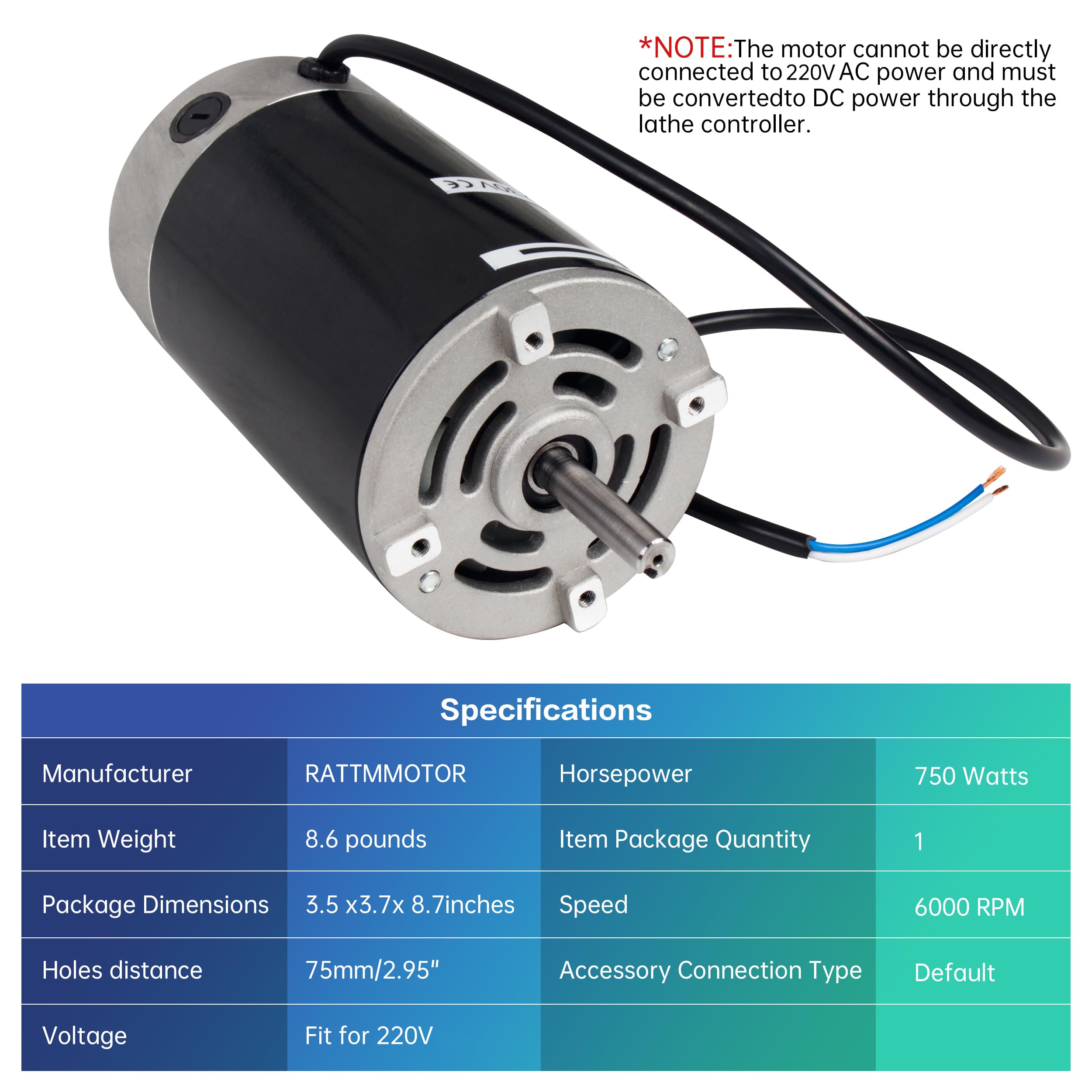RATTMMOTOR Drehmaschinen Motor 750W 220V DC, Mini Metalldrehmaschine Spindel Motor 6000 U/min für Tischdrehmaschine CD-210V MX-210V WM210V Metallmaschinenteil