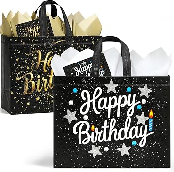 STYPOP 2 Pack 13" Large Birthday Gift Bags with Tissue Paper & Cards, Reusable Non-Woven Happy Birthday Bags with Handles, Perfect Gifts for Men, Boy, Kids, 12.8" x 10.2" x 6.3"