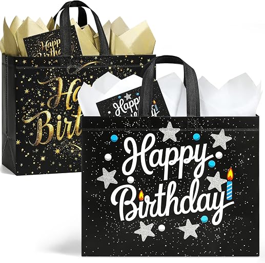 STYPOP 2 Pack 13" Large Birthday Gift Bags with Tissue Paper & Cards, Reusable Non-Woven Happy Birthday Bags with Handles, Perfect Gifts for Men, Boy, Kids, 12.8" x 10.2" x 6.3"