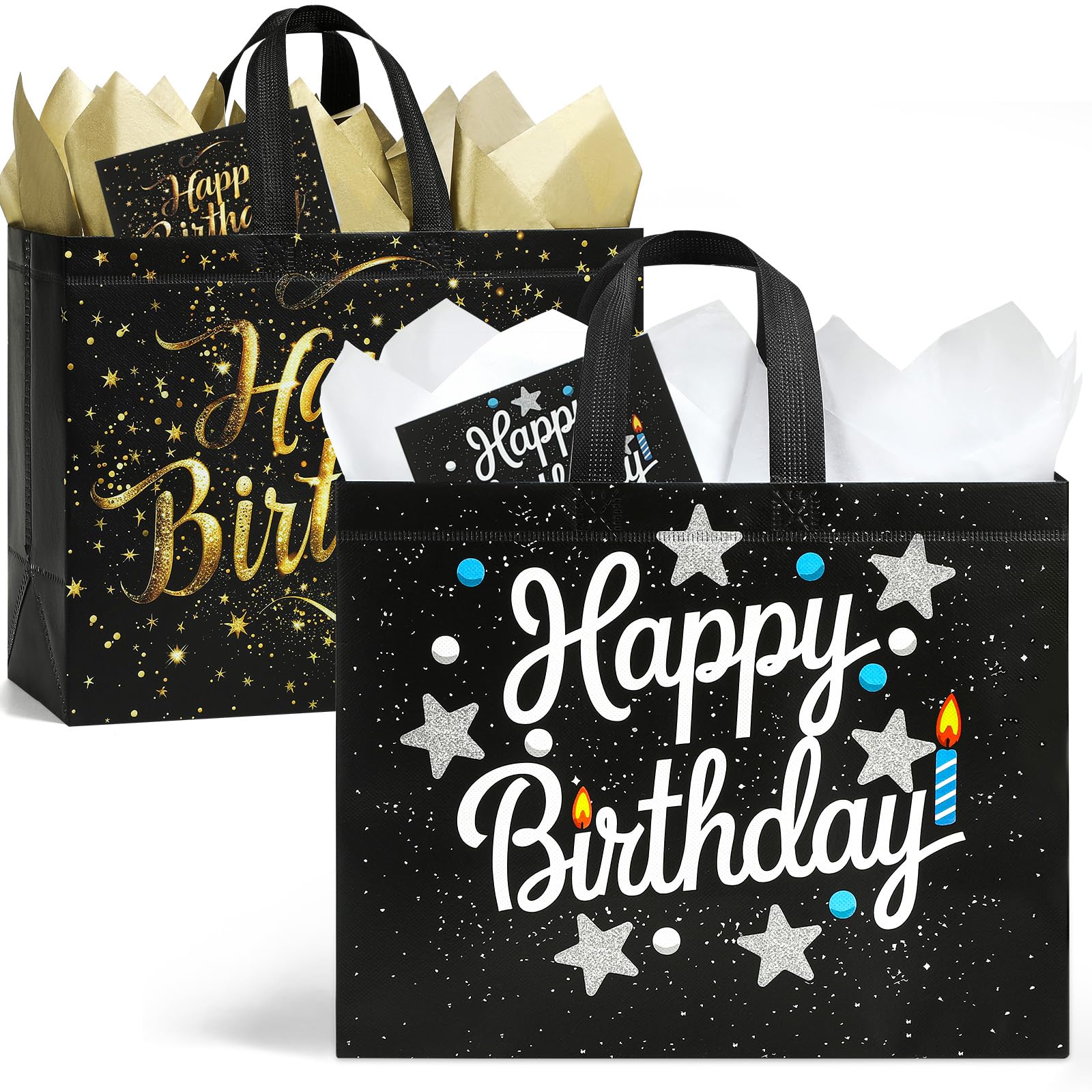 STYPOP 2 Pack 13" Large Birthday Gift Bags with Tissue Paper & Cards, Reusable Non-Woven Happy Birthday Bags with Handles, Perfect Gifts for Men, Boy,