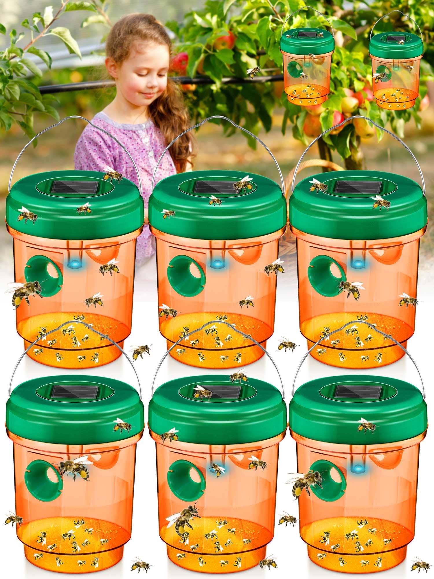 6 Pack Wasp Traps Solar Powered Bee Trap with UV LED Light Outdoor Hanging Fly Traps Reusable Hornet Trap Hornet Traps Wasp Killer for Indoor Outdoor Patio Garden Home (Orange)