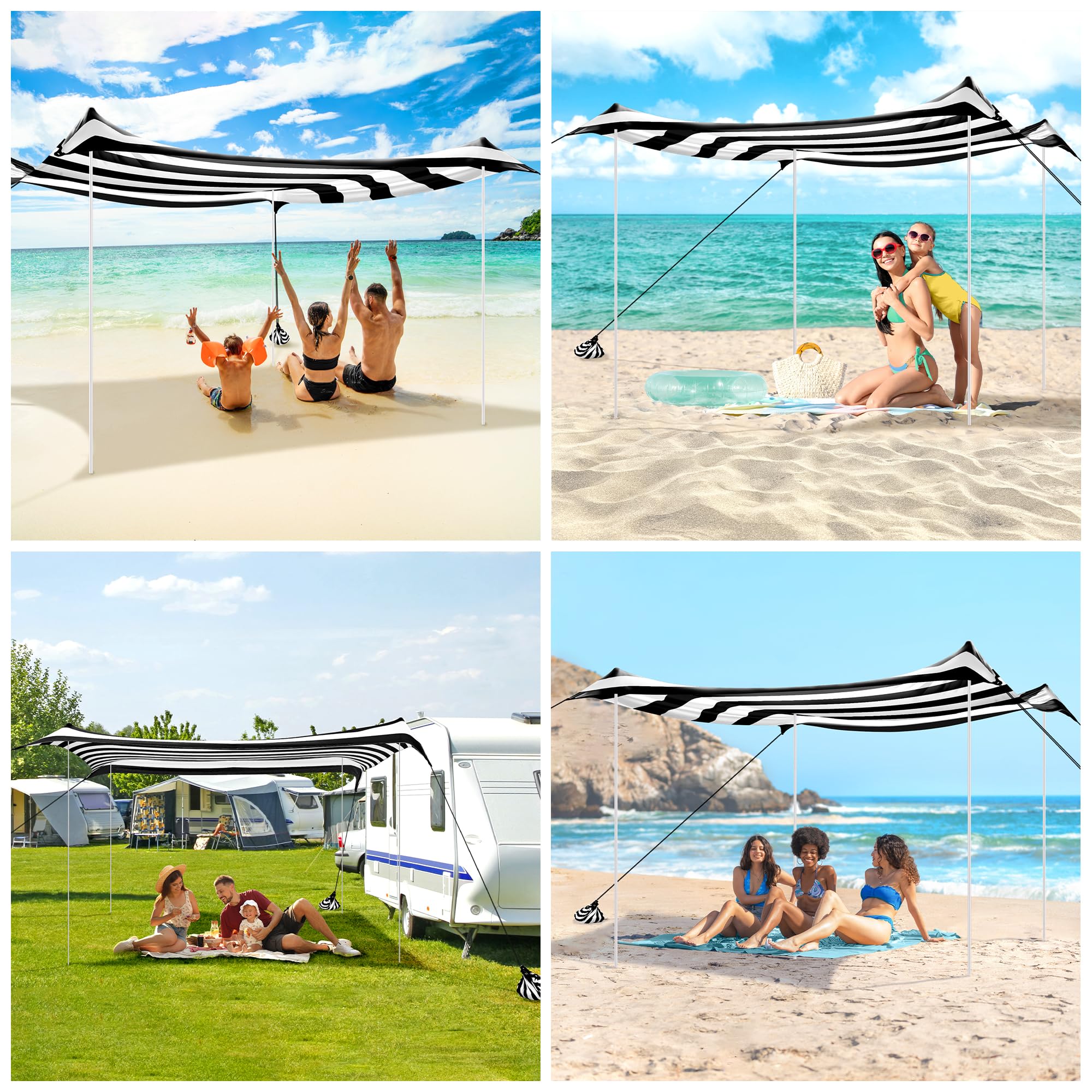 Strandzelt Sonnenschutz Strandmuschel mit UV-Schutz UPF 50+ -3x3m Tragbar für Strand, Outdoor, Camping & Garten-Inkl. Sandsäcke, Stangen, Heringe & Windseile-Für Picknick, Angeln-Schwarz Streifen