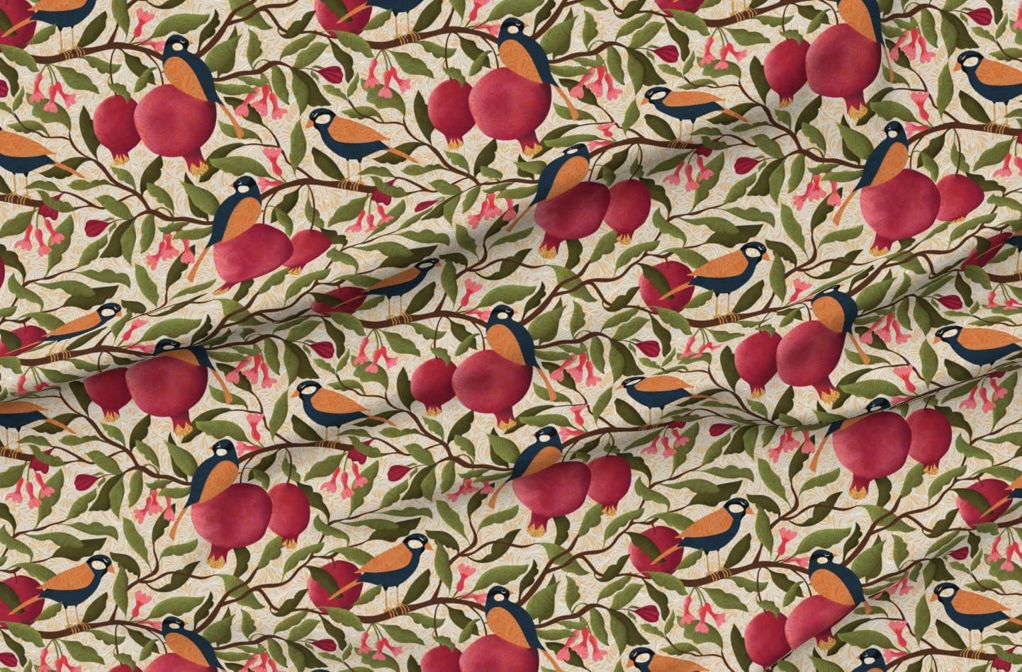 Spoonflower Fabric - Autumn Pomegranates with Chickadees Printed on Organic Cotton Sateen Fabric by The Yard - Sewing Quilting Apparel Home Decor