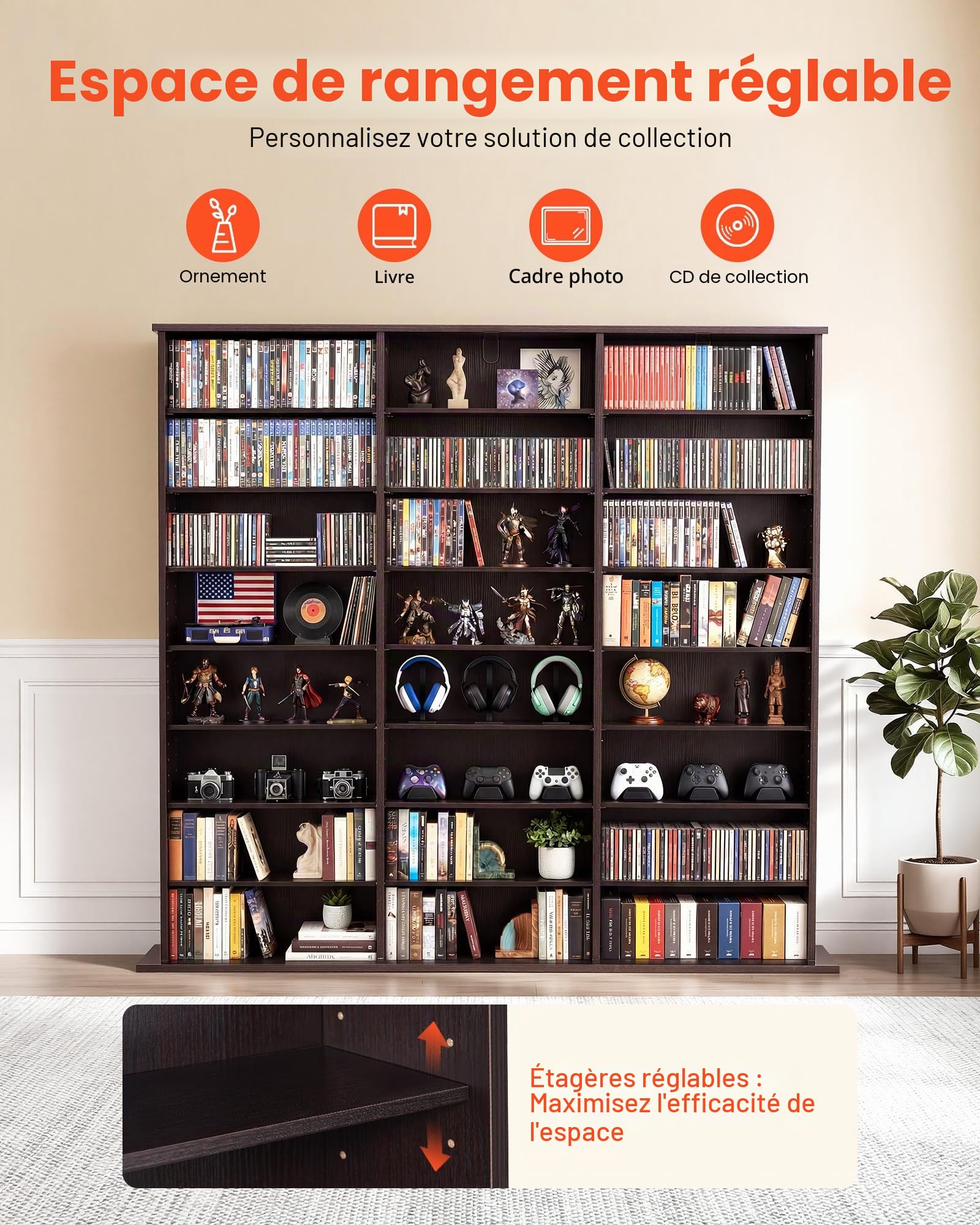 VEVOR Bibliothèque Étagère, Meuble de Rangement Multimédia à 8 Niveaux 70x30x140 cm, Armoire Bibliothèque pour CD, DVD, Livres, Jeux, Collections, Étagères Réglables pour Bureau Chambre Salon Marron