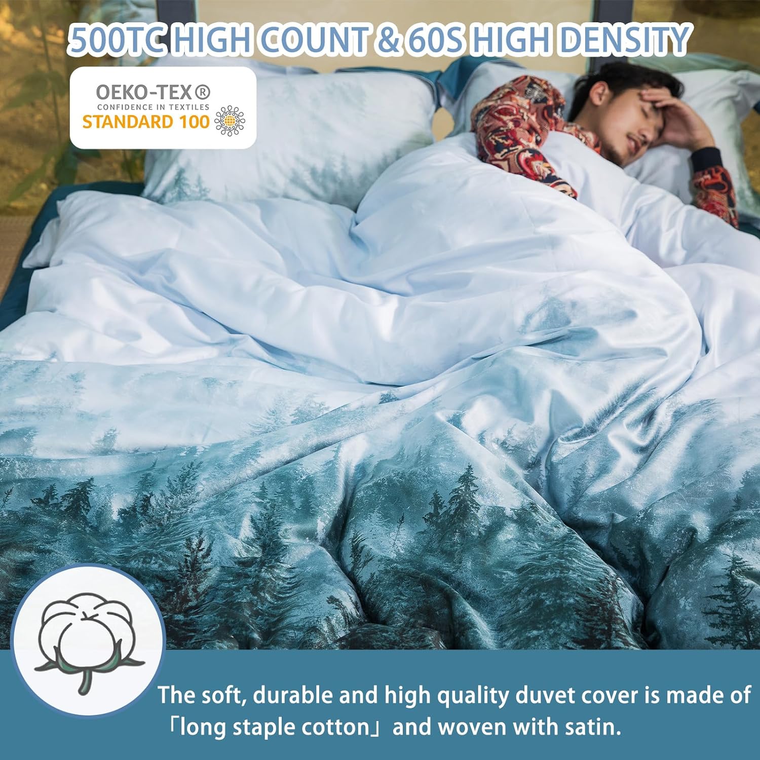 MILDLY 100% Long Staple Cotton Forest Duvet Cover Set Green Gradient Trees Mountains Pattern Comforter Cover Set - Image 8