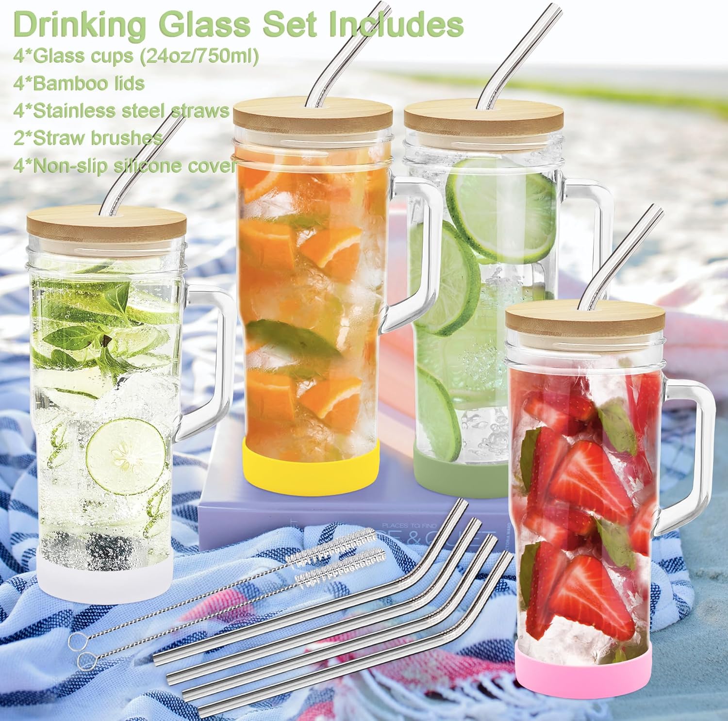 4Pack 24oz Glass Tumbler Cups with Handle Bamboo Lids and Straws Reusable Mason Jar Drinking Glasses for Iced Coffee Smoothies Beer Juice Tea Gifts