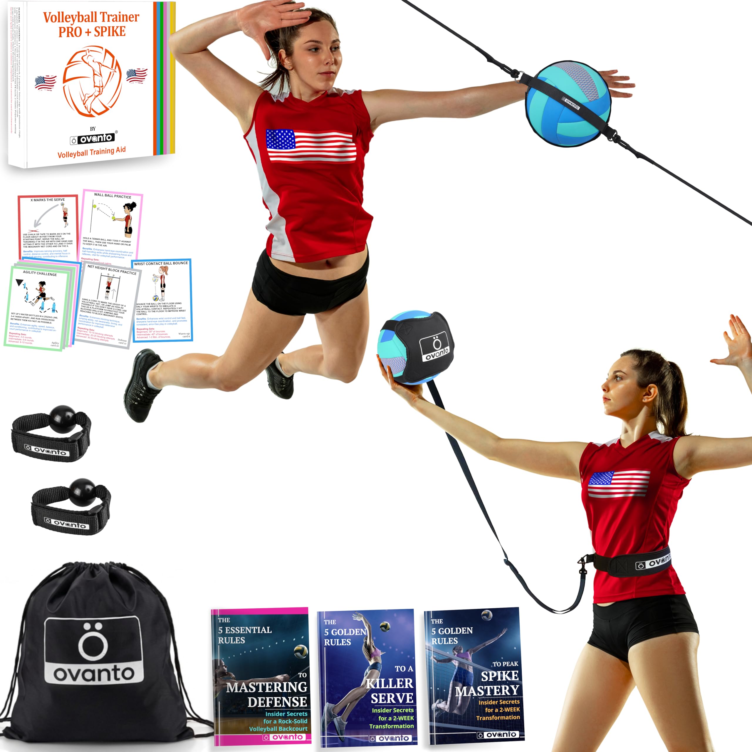 OVANTO Volleyball Training Equipment Aid – Solo Volleyball Equipment in 4 Styles to Serve, Spike, Set and Pass Like a Pro - Adjustable Volleyball Practice Equipment Gift for Beginners & Experts