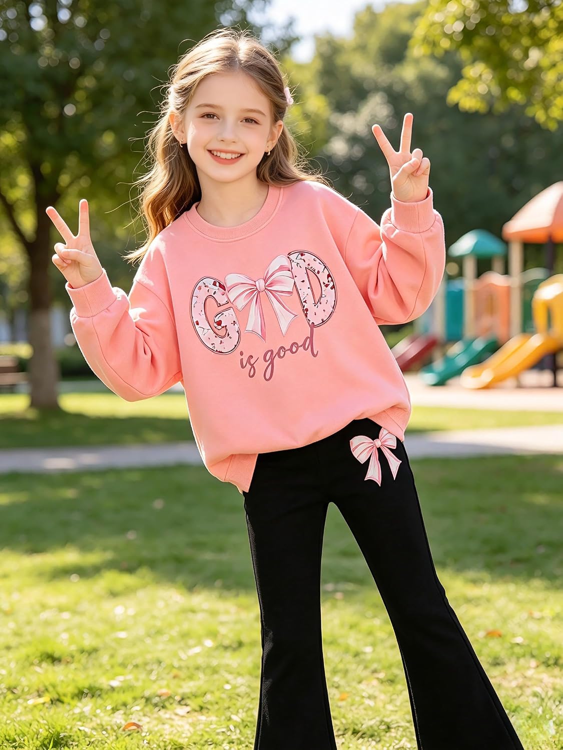 Girls Clothes 2PCS Outfits Long Sleeve Bow Letter Sweatshirt & Flared Pants Fall Clothing Set Size 7-14 Years