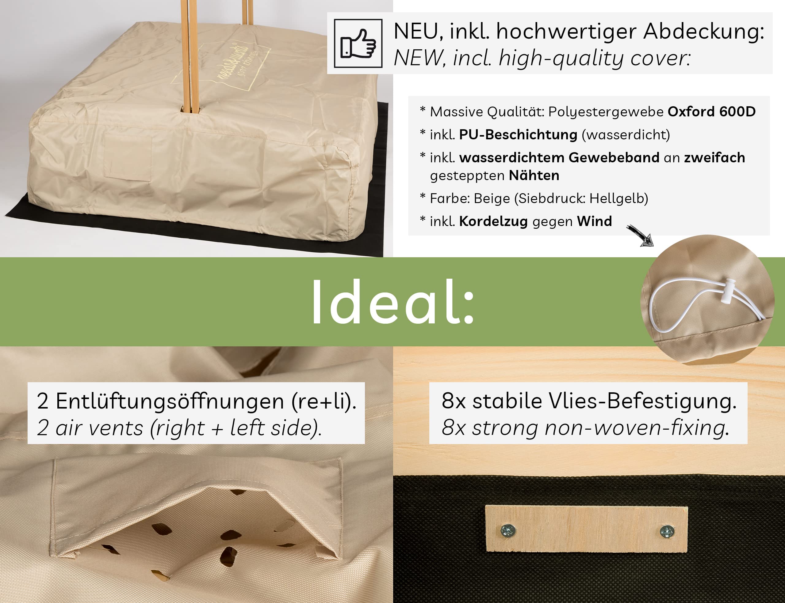 needs&wants® Sandkasten mit Dach Sitzbank und Boden Vlies-Folie, mit Abdeckung Oxford 600D, Sandkiste Holz rechteckig mit Bänken Outdoor Garten Kinder UV-Sonnenschutz, 113x113x113 cm, gelb weiß braun