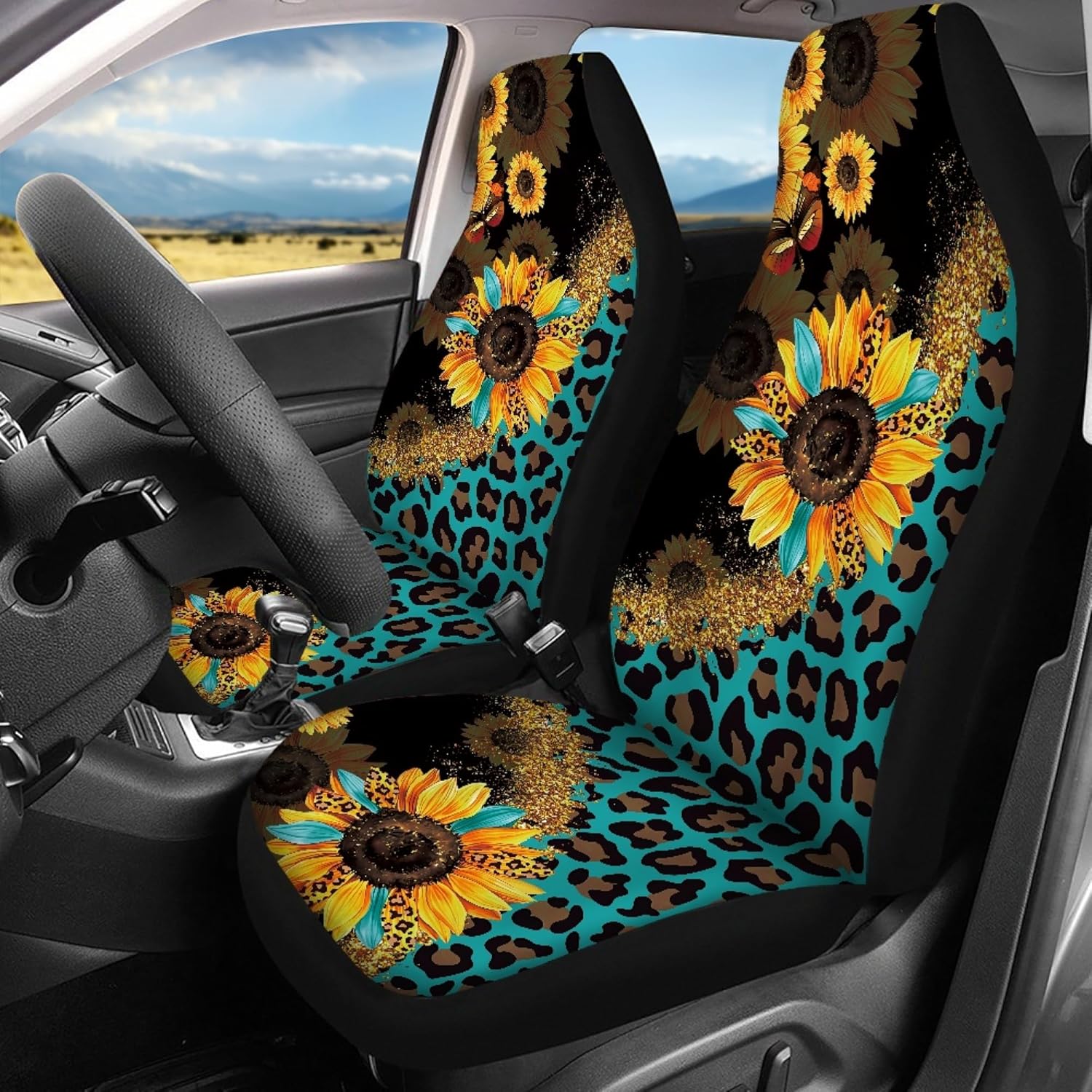 Sunflower Leopard Print Car Seat Covers Full Set for Women,Fashion Universal Front & Rear Seat Covers for Cars,SUVs,Set of 4