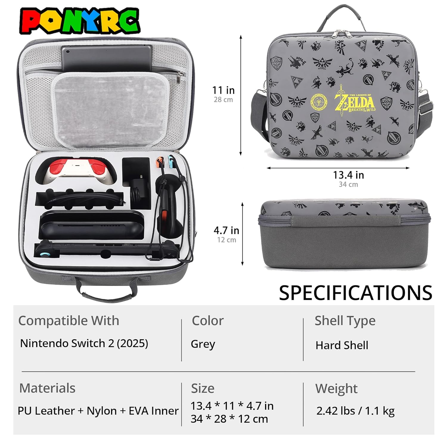 PONYRC Zelda Carrying Case for Nintendo Switch 2 (2025), Large All in One Hard Travel Case with Game Card Slots, Portable Full Protection Carry Bag for Switch 2 Console, Pro Controller and Accessories - Image 4