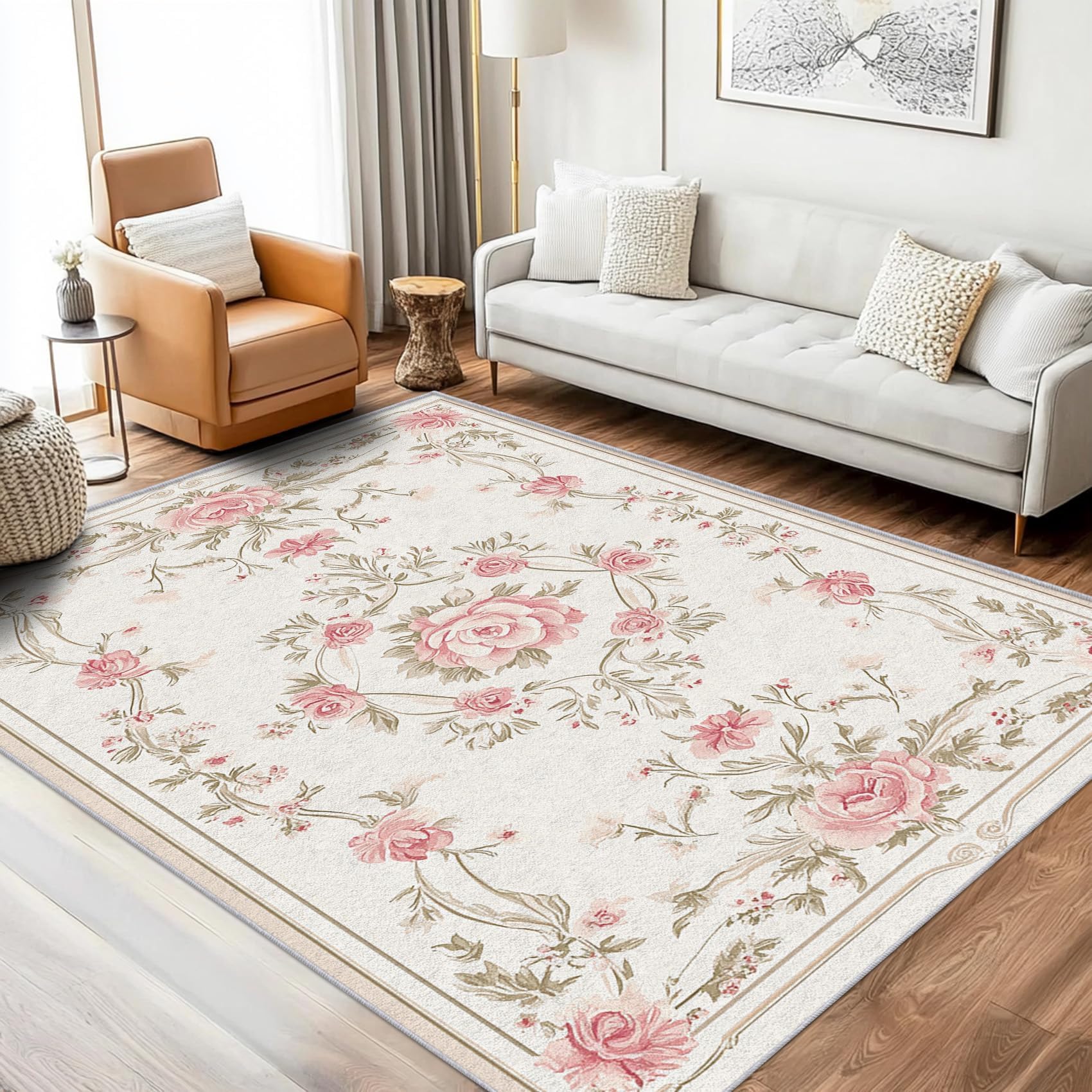 Tapis lavable motif floral beige et rose 100x150cm pour salon