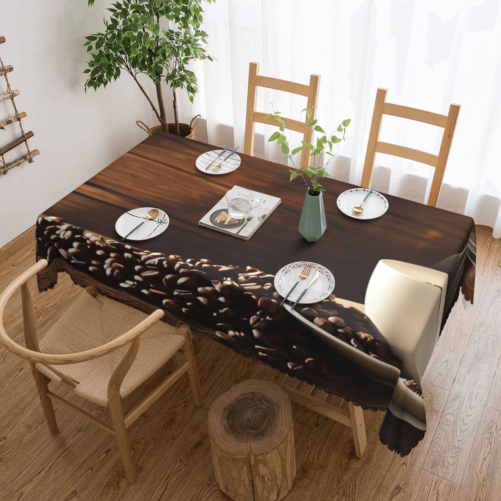 Nappe rectangulaire imprimée tasse et grains de café, protection de table lavable 137x183 cm