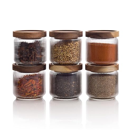 Mason & Fable Ribbed Glass Jar with Wooden Lid 350ml- 6 Pcs | Airtight Ribbed Storage Container for Spice, Tea, Sugar, Coffee, Sweets, Dog Treats, Snacks | Organization Canisters for Home & Kitchen - Mf-12oz-350ml