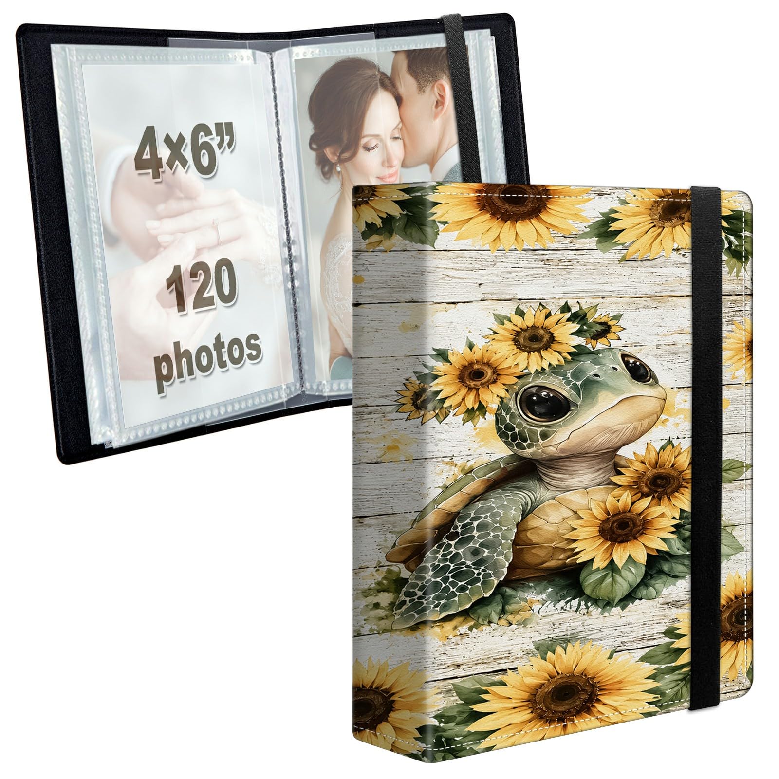 Photo Album 4x6 120 Photos with Strong Elastic Band, Sunflower Turtle