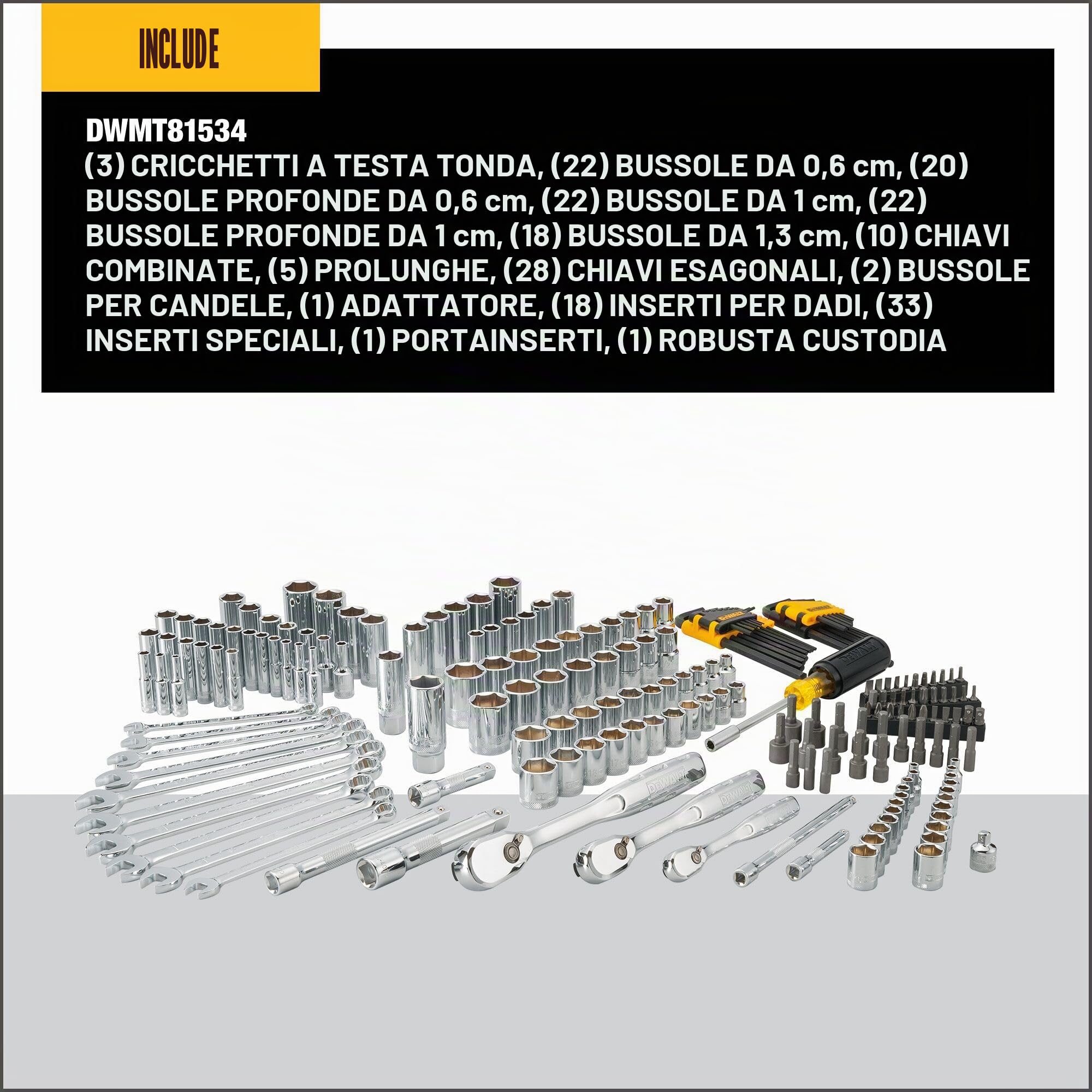 DEWALT Set di strumenti meccanici, unità da 1/4" e 3/8" e 1/2", SAE/Metric, 205 pezzi (DWMT81534)
