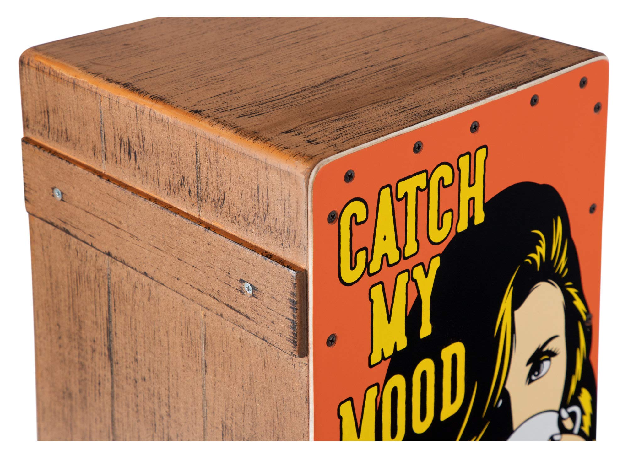 XDrum Design Series Cajon "Catch my mood", Integrierter Bass Port | Designer-Cajon mit Pop Art-Aufdruck, Korpus: HPL (High Pressure Laminate), Obere Hälfte der Schlagfläche geschraubt, 5 cm