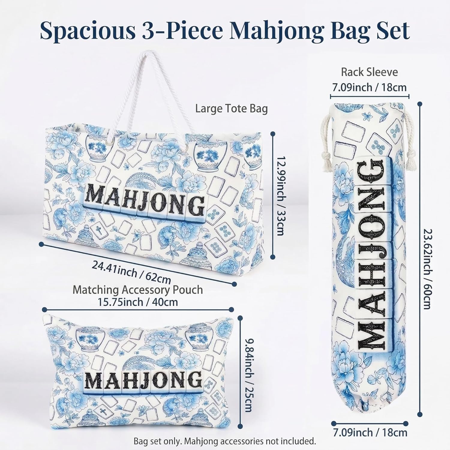 3 Pcs Empty Mahjong Bag Set Gift - American Mahjong Carrying Tote Bag，24 * 13 Inch Thickened Canvas ， Mahjong Bags for Tiles and Racks(Blue/White)
