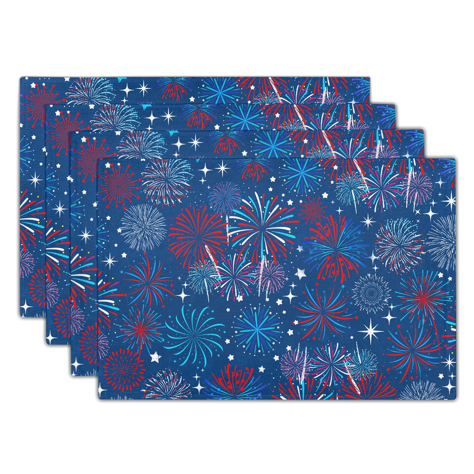 Kawani 4th of July Placemats Set of 4 Patriotic Red and Blue Fireworks Place Mats 12x18 Inch Independence Day Table Mats for Home Kitchen Party Decor