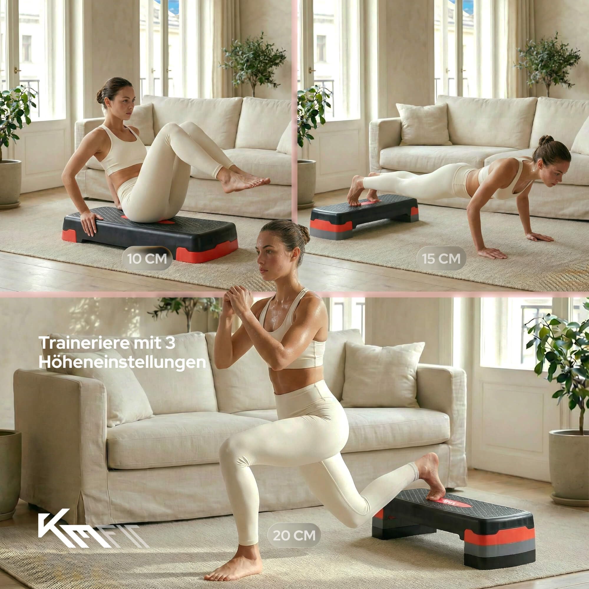 KM-Fit Fitness Stepper | Steppbrett Aerobic Stepper für zuhause | Step-Bench 3-fach höhenverstellbar | Belastbarkeit bis 200 kg | Gymnastik Home-Stepper mit Anti-Rutsch-Matte | Aerobic Steppbank