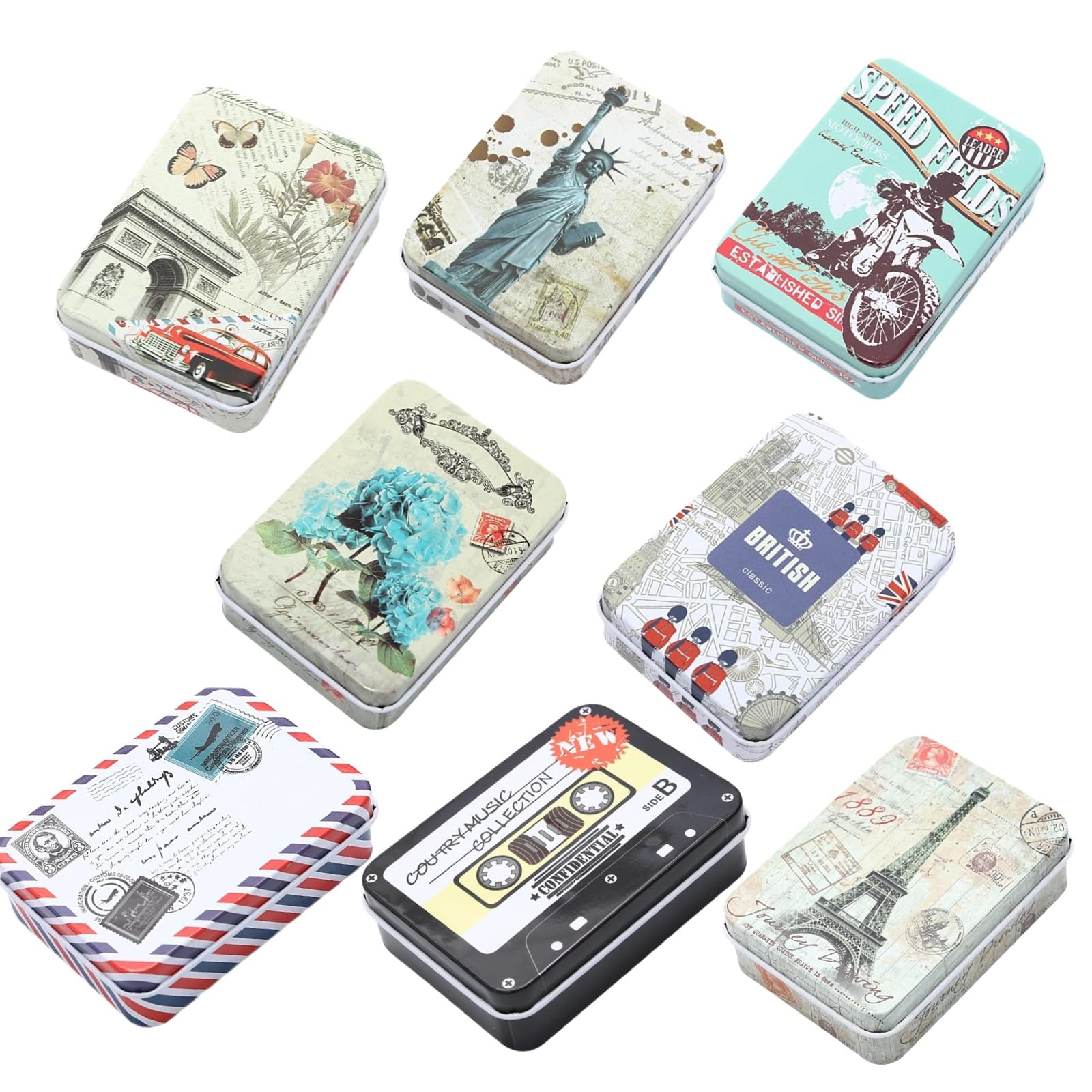 8 Pcs Small Tins with Lids,Retro Metal Tin Box Rectangular 90 x 65 x 25 mm