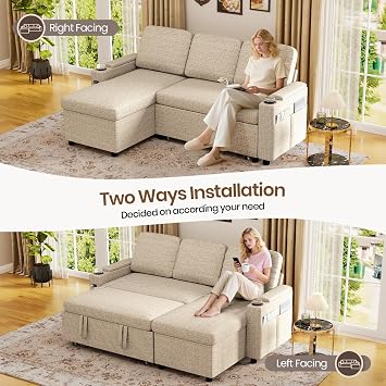 Corner Sofa Bed, L-Shaped Sleeper Sectional Couch Bed, 3-in-1 Linen Convertible Pull Out Sofa Bed with Adjustable Backrest, Storage, USB and Cup Holder for Living Room, Beige