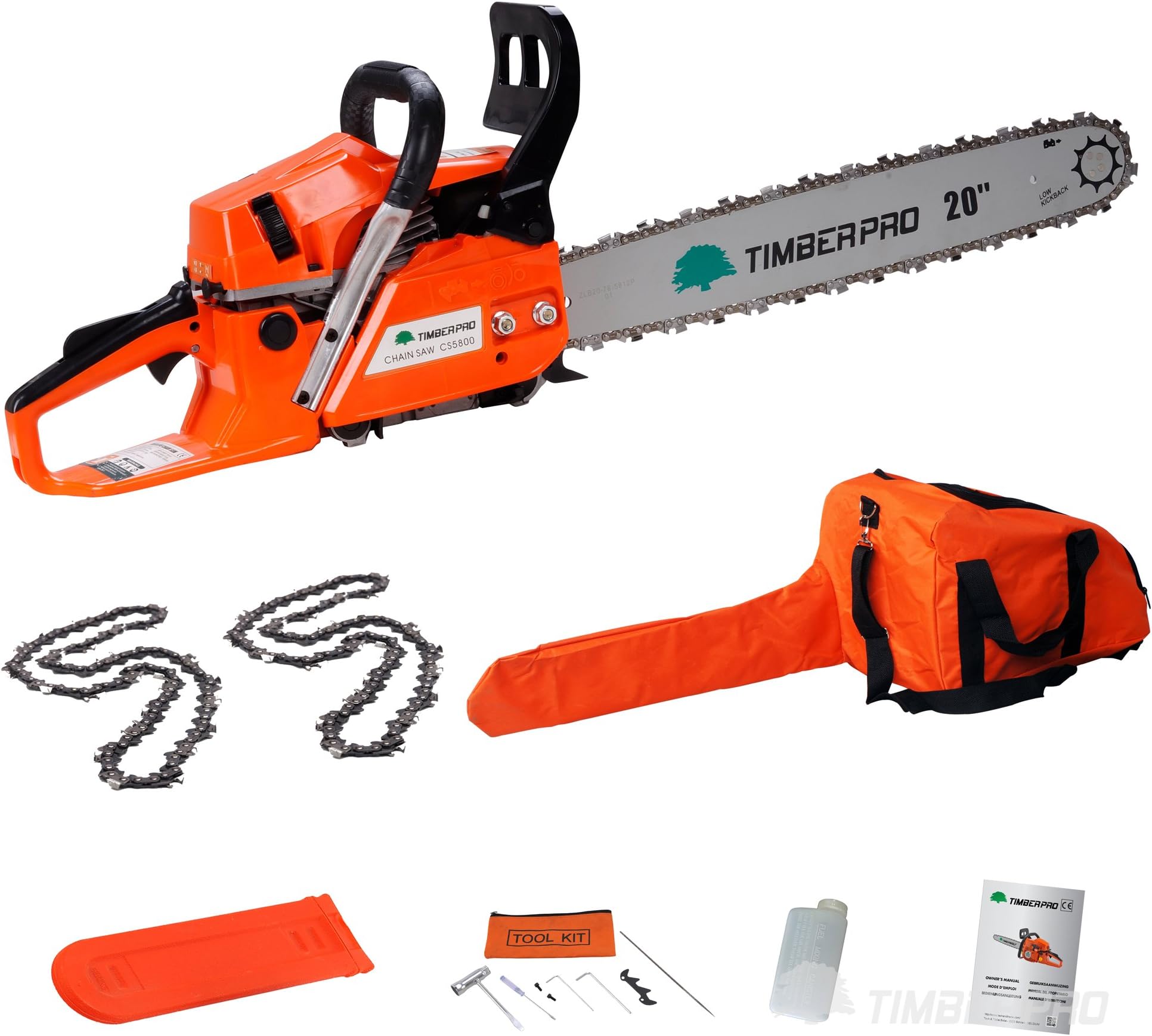 TIMBERPRO58cc 20" Petrol Chainsaw with 2 Chains, Carry Bag and Accessories
