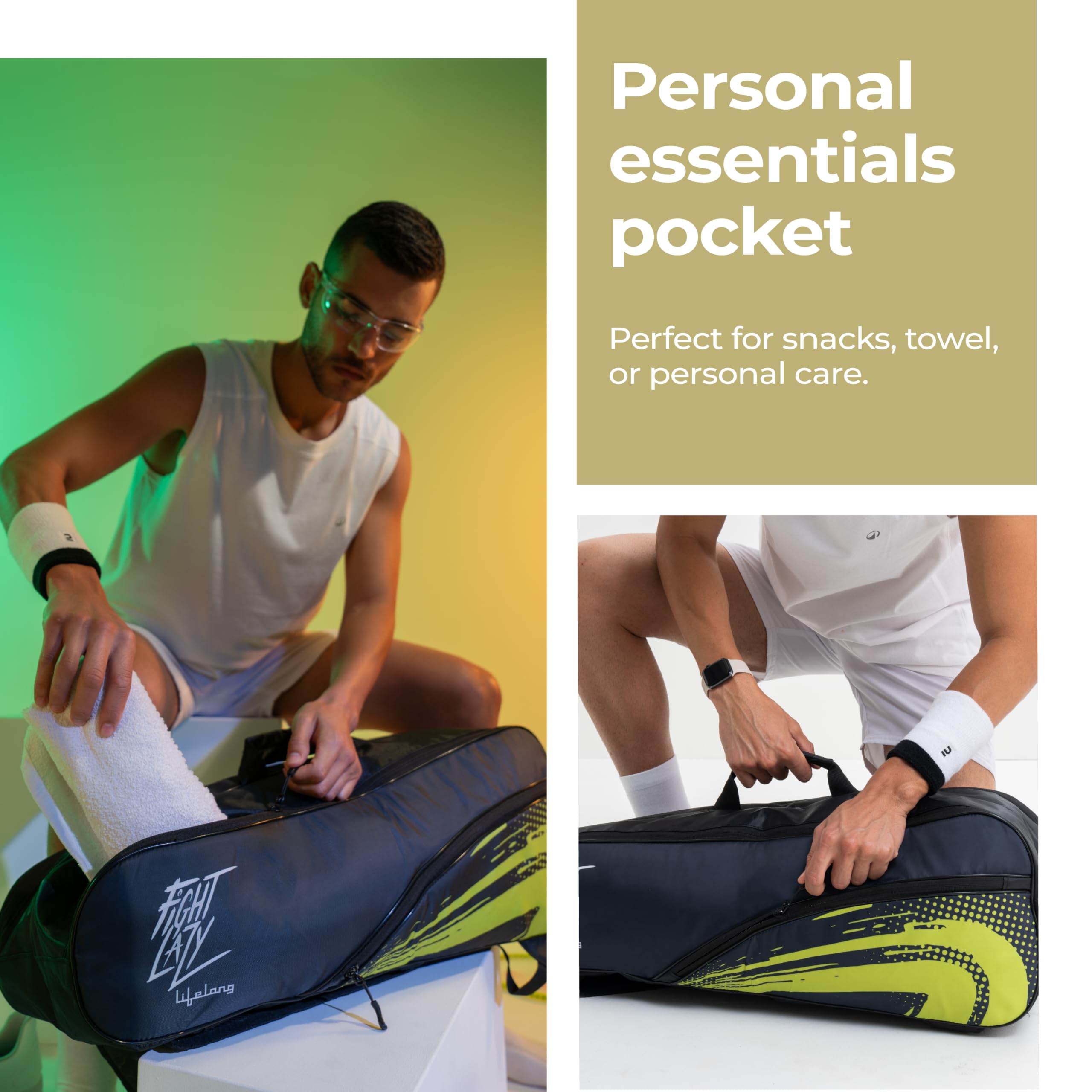 Lifelong Polyester Badminton Kit Bag for Men & Women | Dual Compartment, Personal Care Pouch | Water-Resistant, Soft Pads, Adjustable Strap | for Badminton, Gym & Outdoor Use (Black & Green) 4