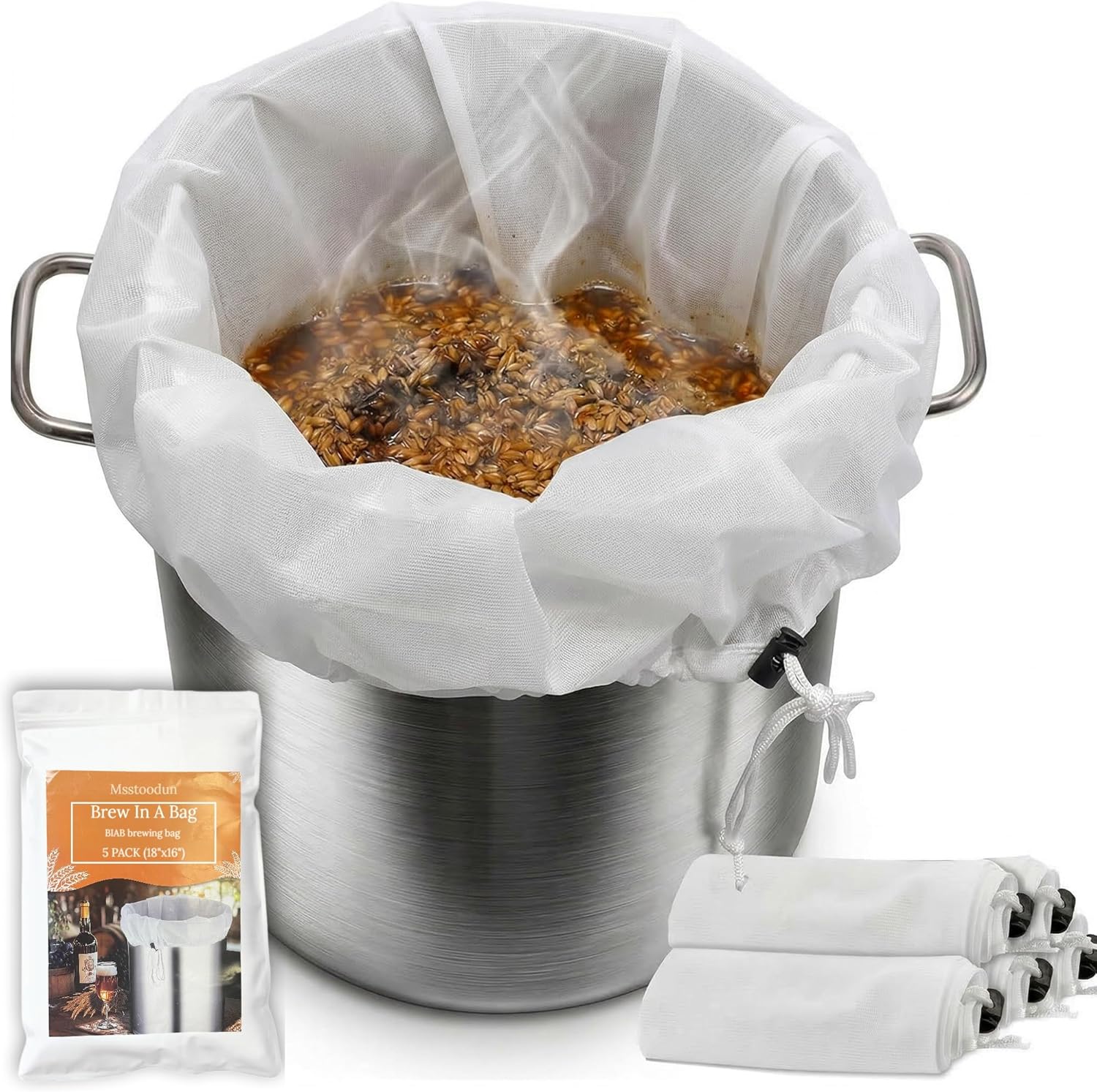 5 Pack BIAB Brewing Bag, 18" x 16", 250 Micron Reusable Fine Mesh Brew in a Bag with Reinforced Stitching & Drawstring, Heavy Duty Nylon Straining Bag for All Grain Home Brewing & Beer Wine Cider