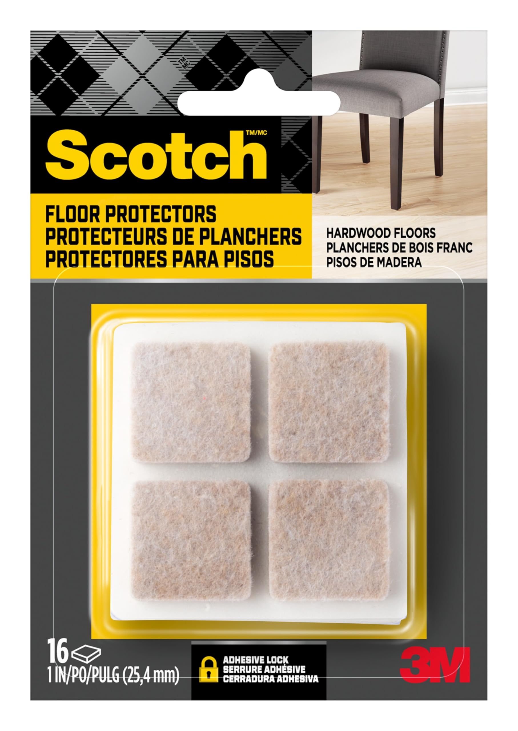 Scotch Felt Pads 16 PCS Beige, Felt Furniture Pads for Protecting Hardwood Floors, 1 x 1 in. Square, Easy-to-Apply, Self-Stick Design, Reliable Protection from Nicks, dents and Scratches (SP802-NA)