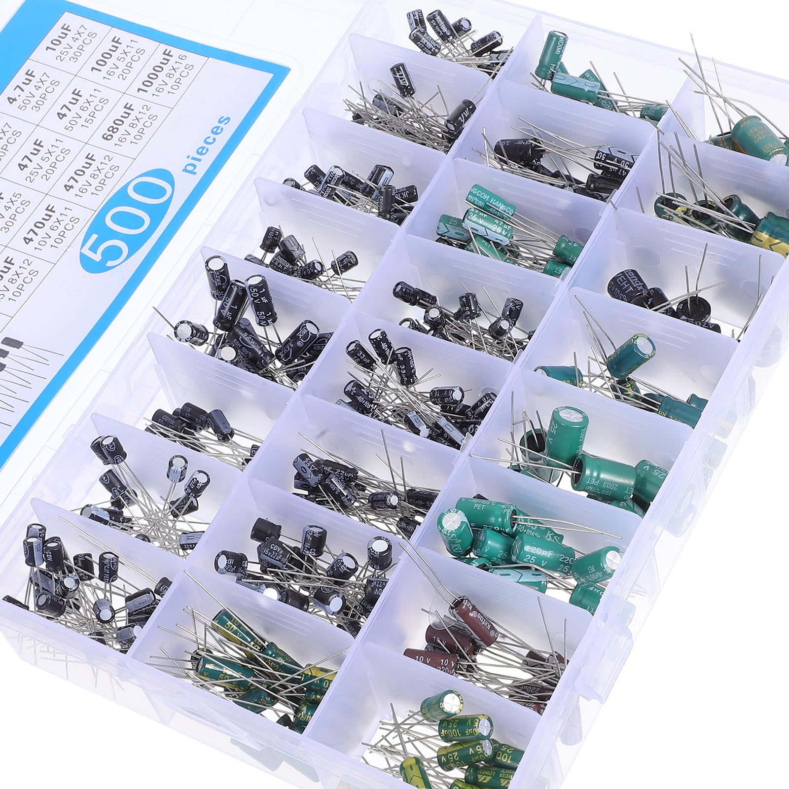 Toyvian Kit assortimento di condensatori in alluminio da 500 pezzi, condensatori elettrolitici da 0,1uF a 1000uF per monitor LCD, radio, stereo e sistemi di circuiti