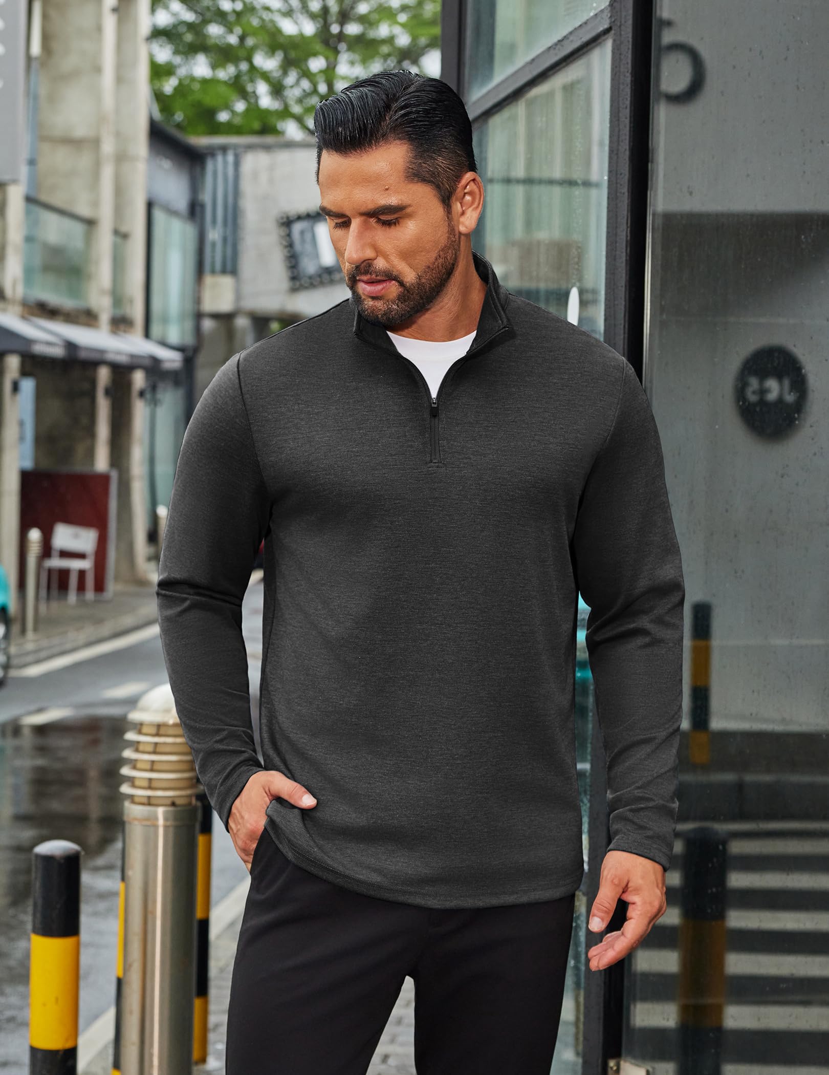 COOFANDY Pullover da uomo con cerniera a un quarto a maniche lunghe, collo alto, polo da golf