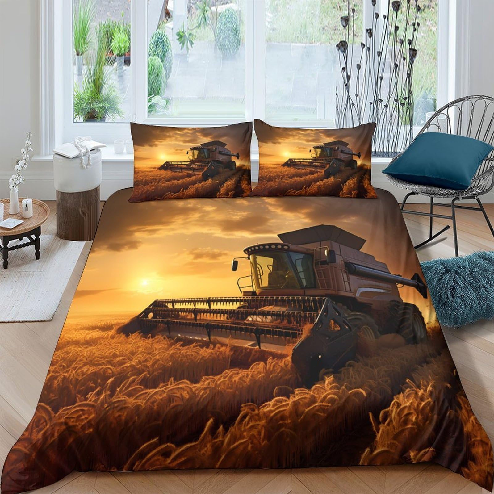GPLZQXKJNH 3D Printed Wheat Field Sunset Duvet Cover Microfiber Soft Breathable Harvester Bedding Set with 2 Pillowcases for Bedroom Decoration Single（135x200cm）