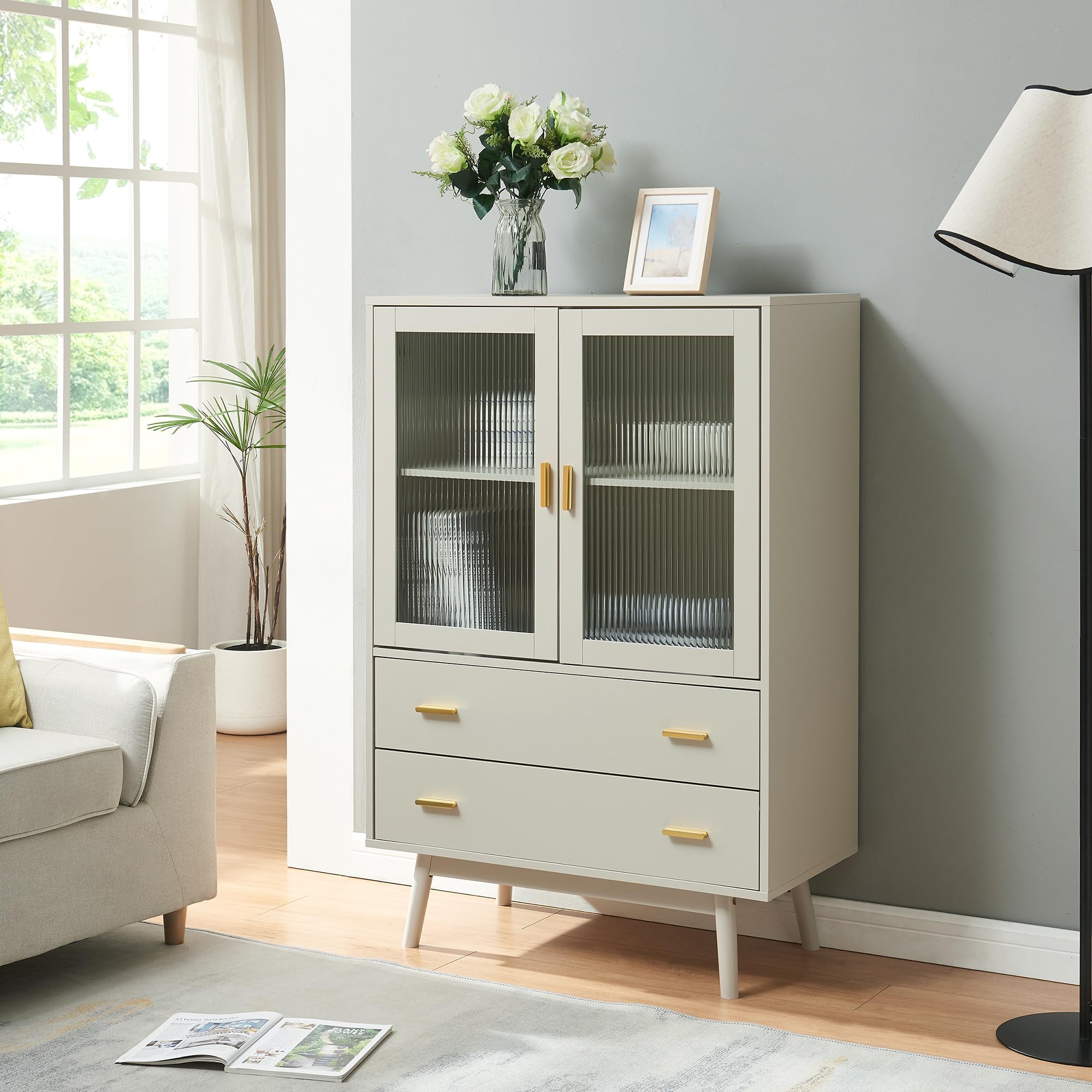 [en.casa] Credenza con Vetrina Armadietto con Ante in Vetro Scanalato e 2 Cassetti Madia per Cucina Soggiorno Sala Pranzo 120x80x40 cm Beige