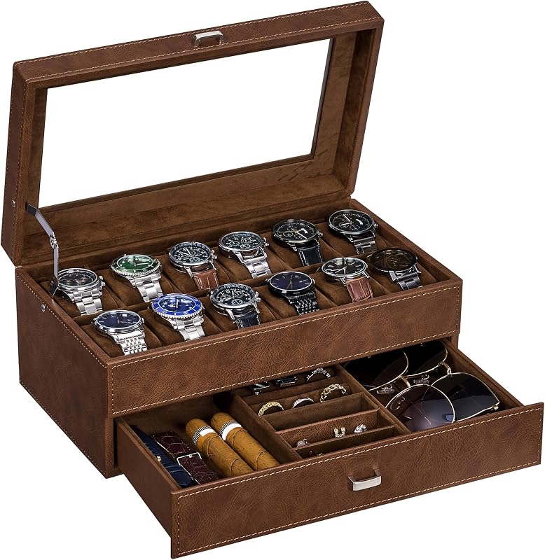 BEWISHOME Watch Cases for Men, 12-Slot Watch Box with Large Glass Lid | 2-Layer Watch Case Organizer with Removable Pillows, Watch Box for Men, Watch Storage, Watch Holder Espresso Lining SSH12Z