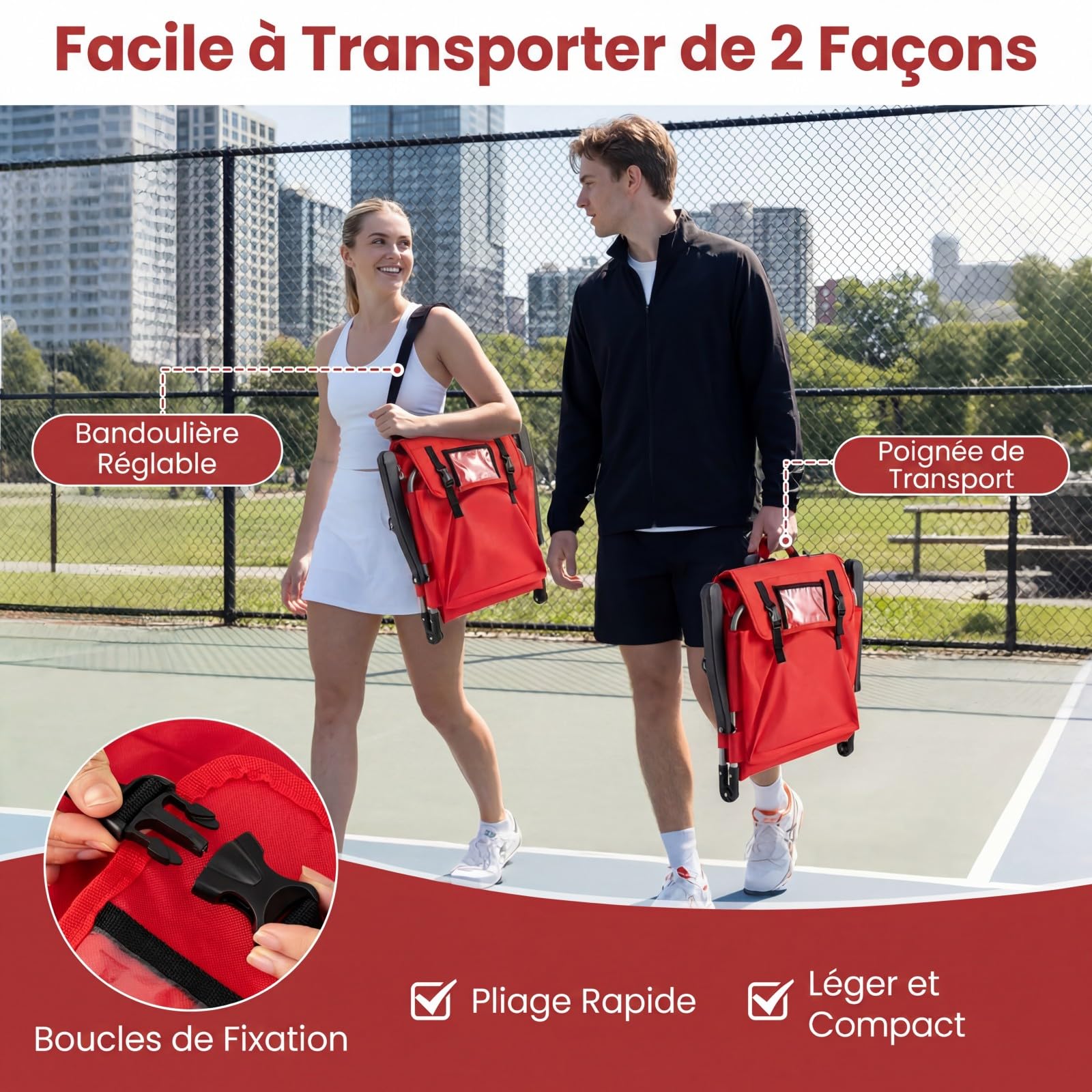 COSTWAY Siège de Stade Pliable, Chaise de Gradin Rembourrée avec Soutien Dorsal, Bandoulière, Poche Filet, Porte-Gobelet&Sac de Rangement, Chaise de Sol pour Yacht Match Sportif, Charge 102KG (Rouge)