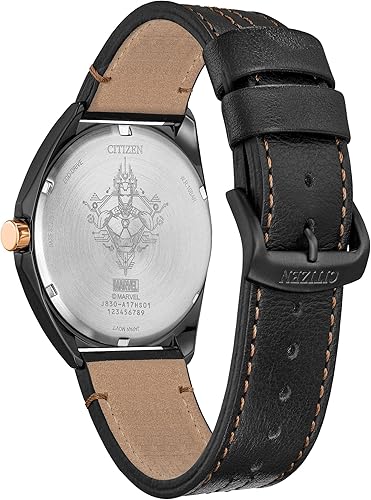 Miniatura 3 de Citizen Eco-Drive Marvel Tony Stark 63 Reloj plateado iones negro con correa de piel negra, 3 manecillas, luminoso, 1.693 in (modelo AW2075-05W)