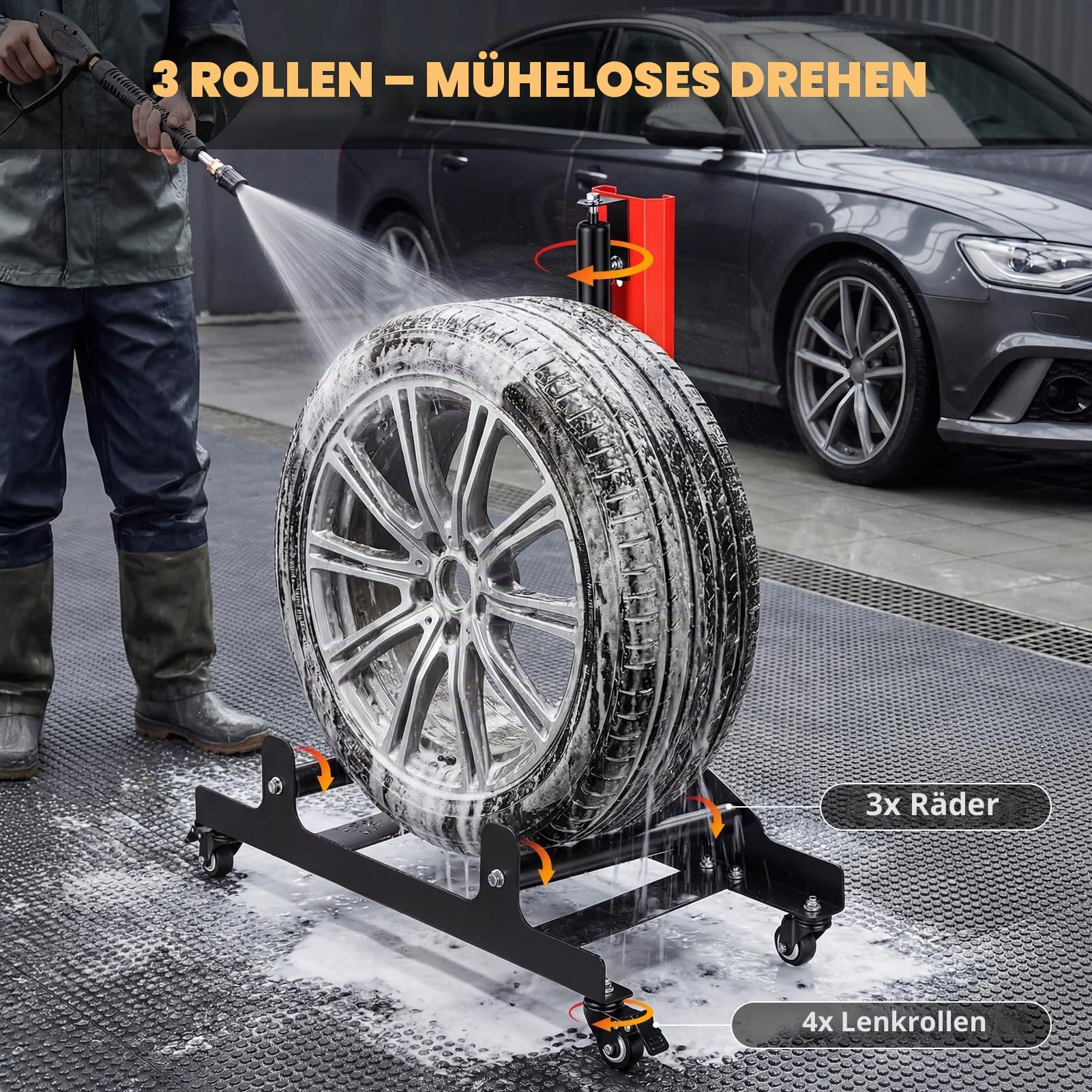 Autoreifen-Reinigungsständer mit 3 rotierenden Rollen, robuster 360-Grad-Radaufbereitungsständer zum Polieren von Felgen und Auftragen Keramikbeschichtung, verstellbares Rot