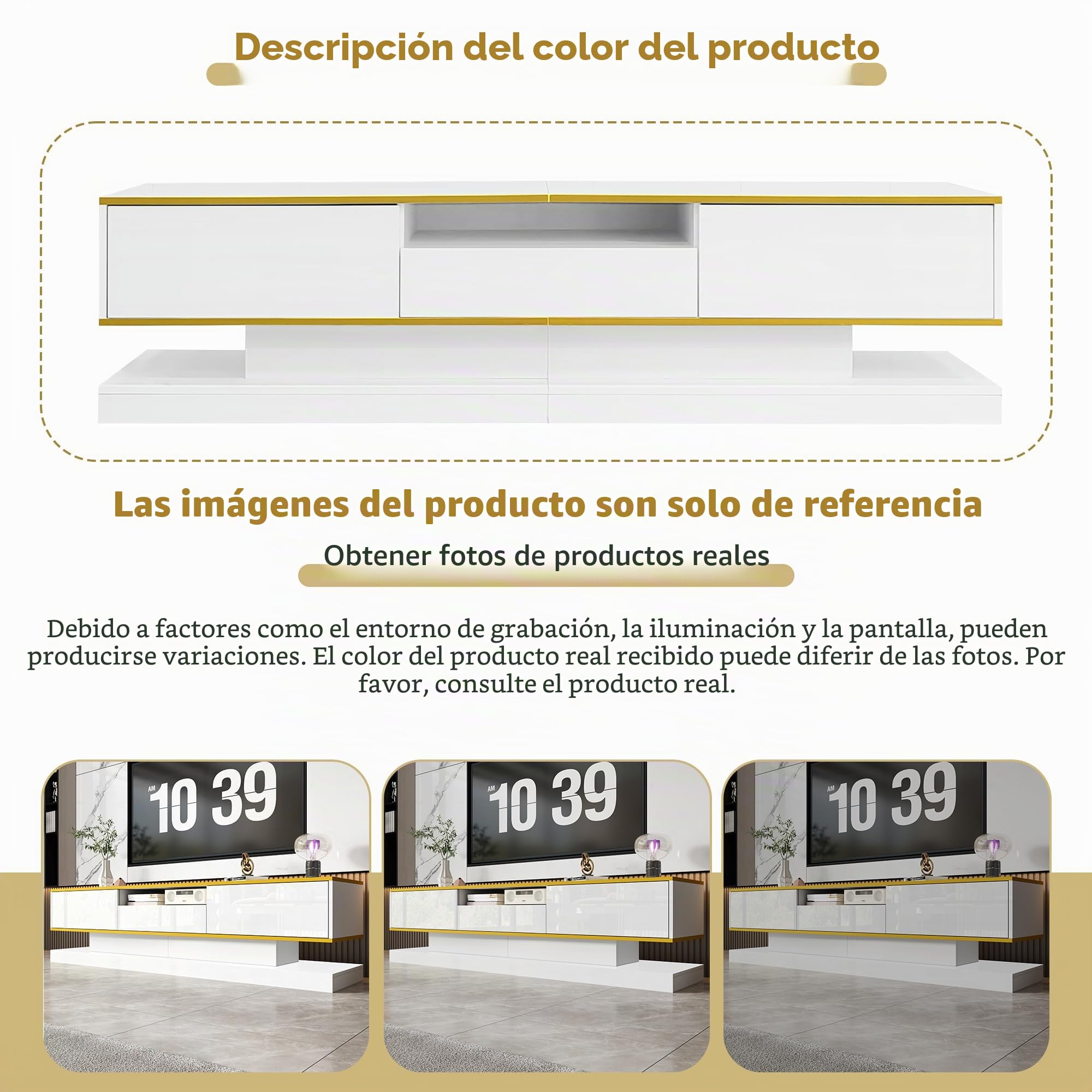 Mueble de TV moderno con tres cajones y un compartimento abierto, brillante con luces LED que cambian de color, 180 x 38 x 45 cm (blanco)