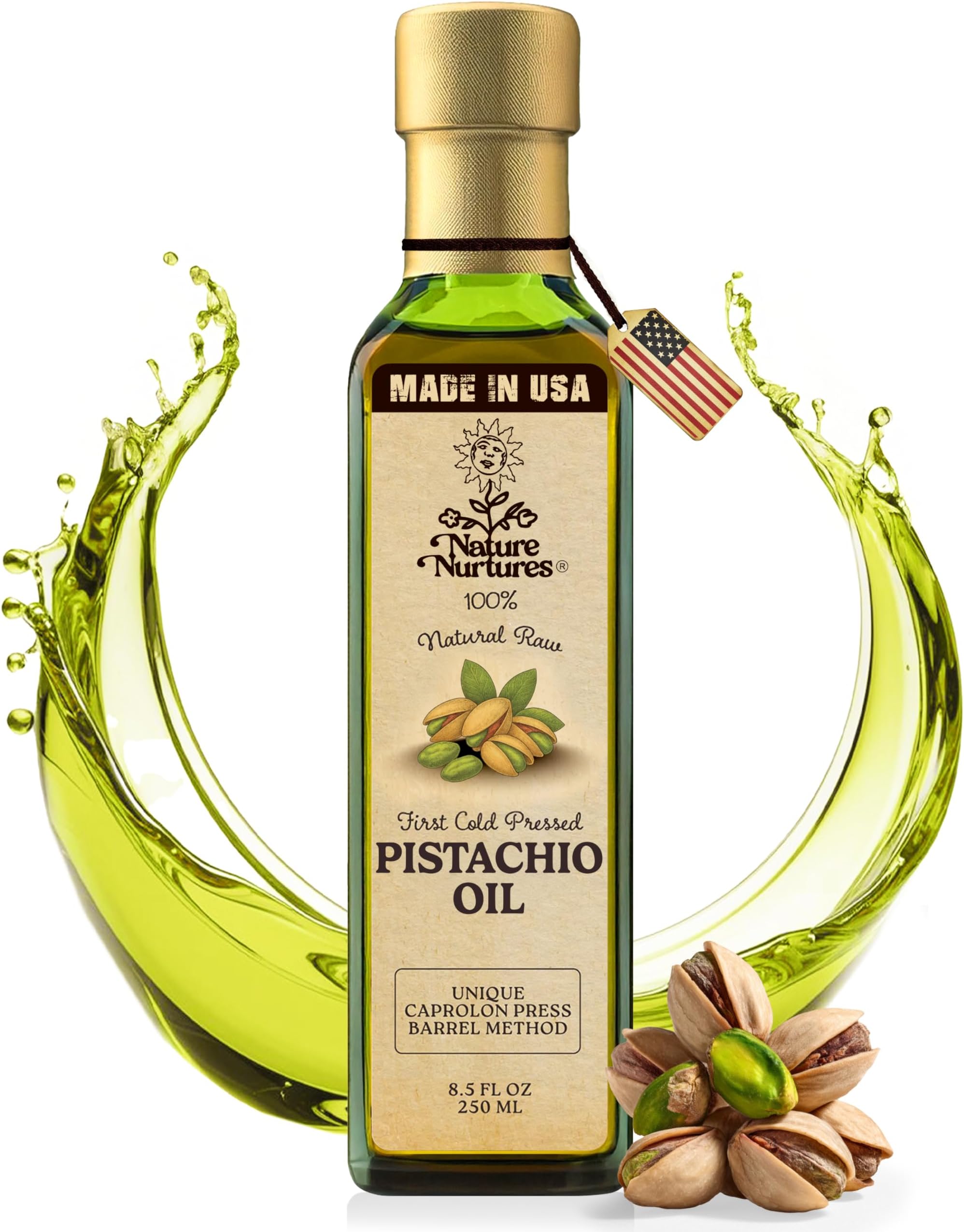Pistachio Oil for Cooking and Sauteing · Raw First Cold Pressed · Small Batch · Pressed Only Once Under 30°C · Without Metal or Wood Contact · Handcrafted in Seattle USA · Unrefined · 100% Pure & Natural · Skin and Hair Friendly · 16.9 fl oz (500 ml)