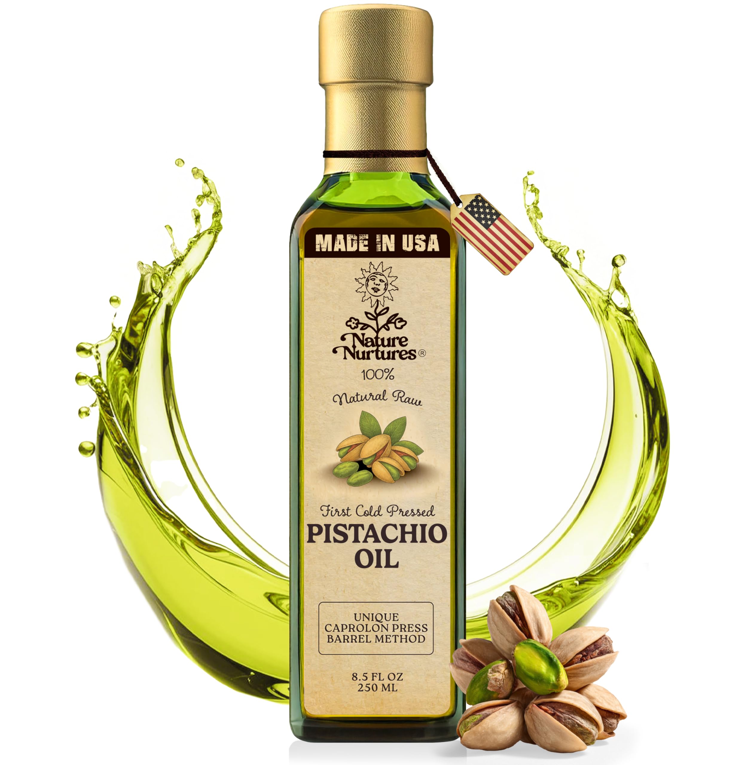 Pistachio Oil for Cooking and Sauteing · Raw First Cold Pressed · Small Batch · Pressed Only Once Under 30°C · Without Metal or Wood Contact · Handcrafted in Seattle USA · Unrefined · 100% Pure & Natural · Skin and Hair Friendly · 16.9 fl oz (500 ml)
