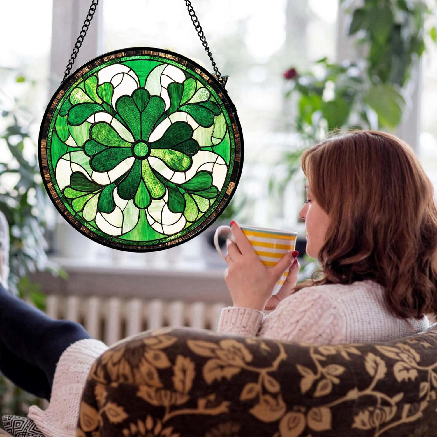Stained Glass Window Hanging White Green Decoration 6.3" - Suncatcher Door Garden Sun Catcher Ireland Decor Birthday Mother's St. Ripack's Day Gift for Woman Mom Men Friend Nana Wife