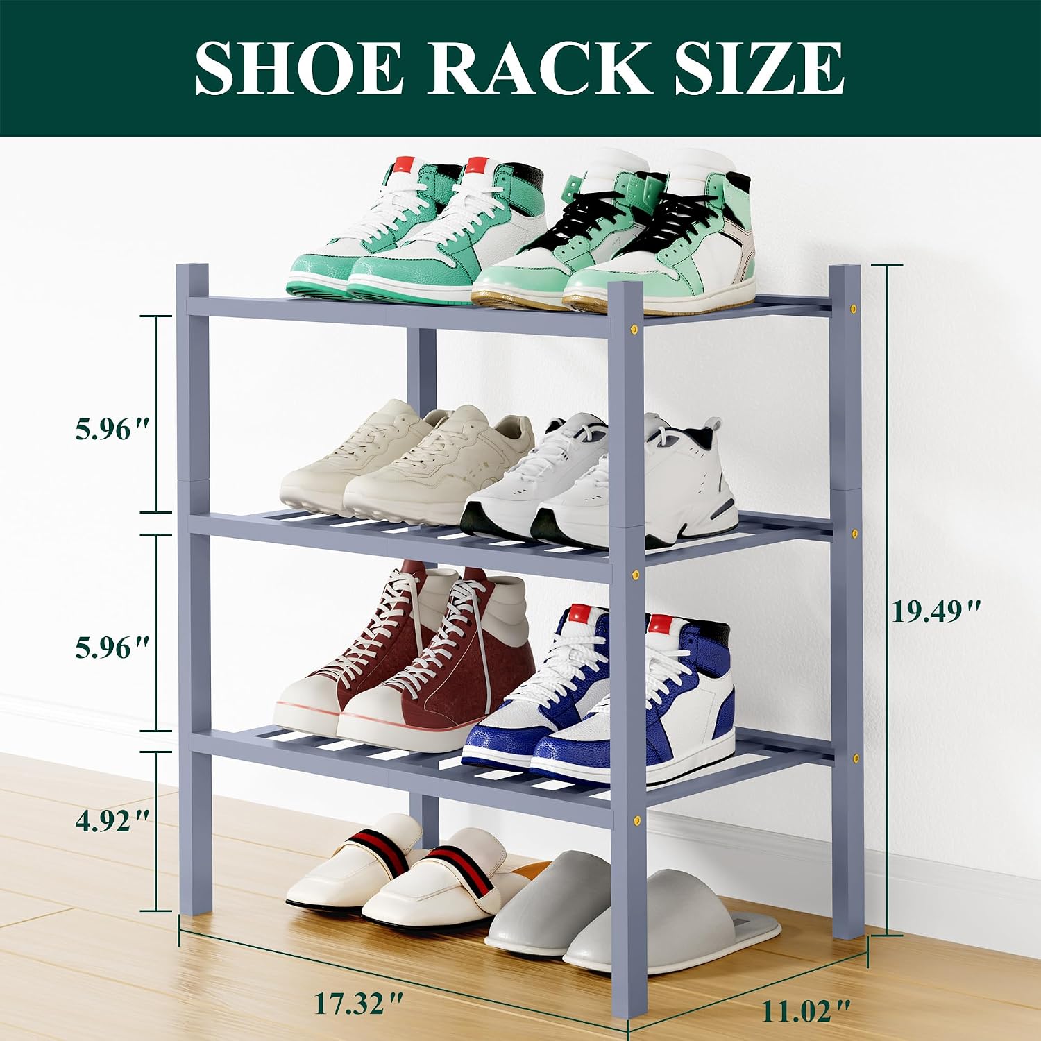 Smiry Bamboo Shoe Rack, 8 Vertical Slats, 3 Tier - 17.3" Wide, Grey image 2