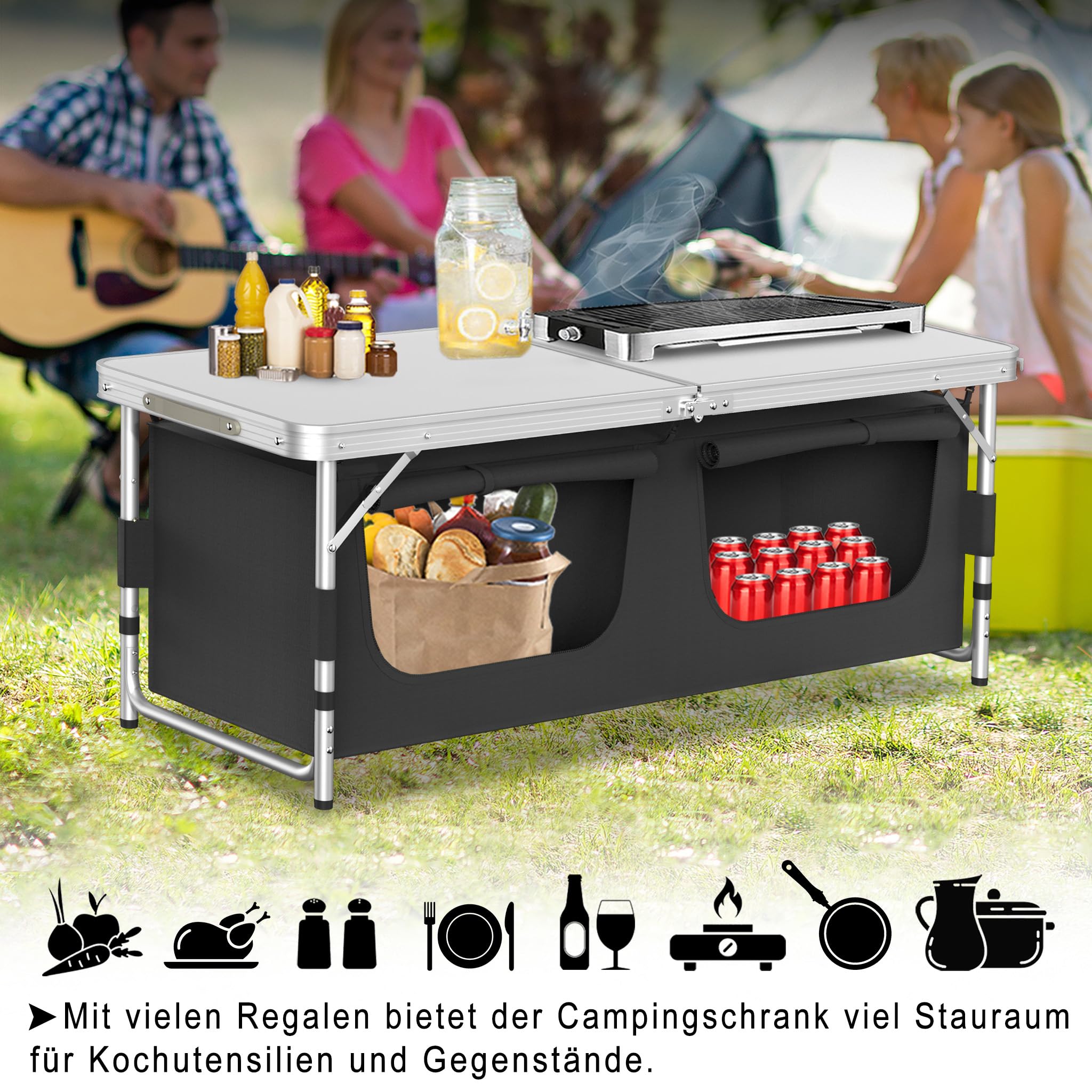 LILIIN Campingschrank Campingküche 120x47x68cm Outdoor-Reiseküche mit Aluminiumrahmen Camping-Schrank Klappbarer Outdoor Küche mit Tragetasche für Camping, Grillen und Picknicks im Freien