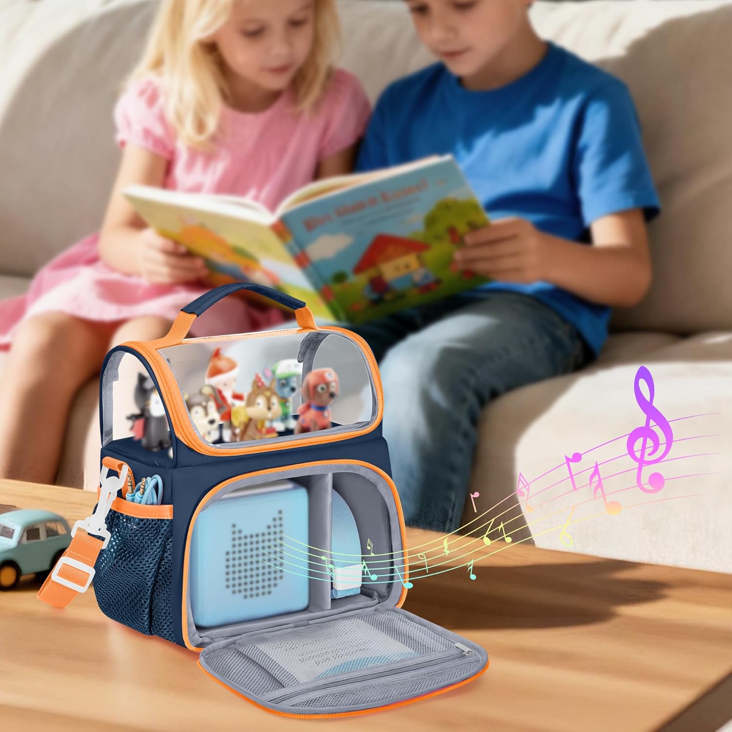 Carry Case Compatible with Toniebox, Travel Storage Organizer for Audio Player Starter Set, Magnetic Design to Display Figures, with Shoulder Strap and Handle, Blue (Case Only)