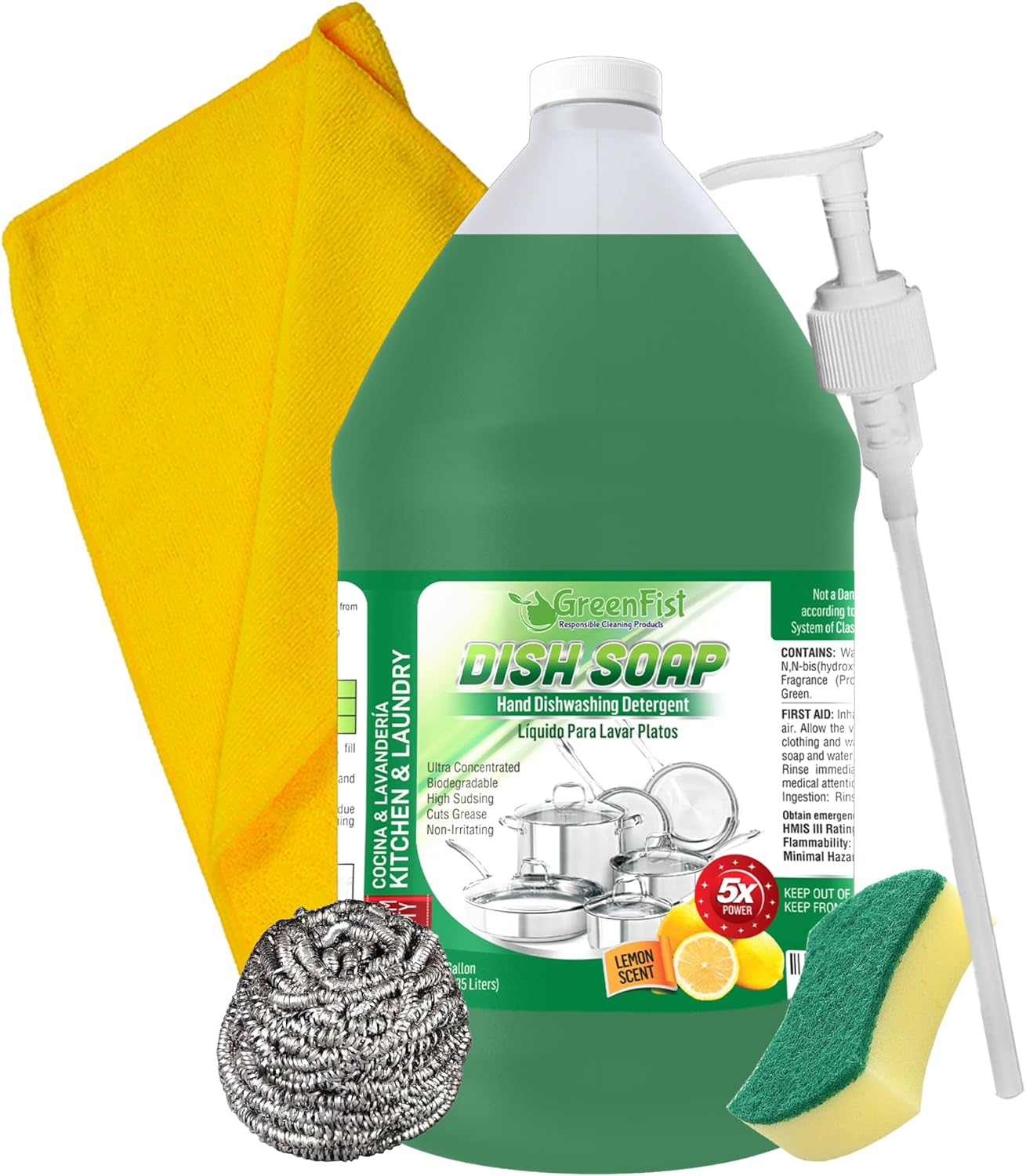 GreenFist Dish Soap Ultimate Kitchen Kit – Pump, Towel, Sponges & Scrubbers, Complete Cleaning Bundle – 1 Gallon, Lemon Scent