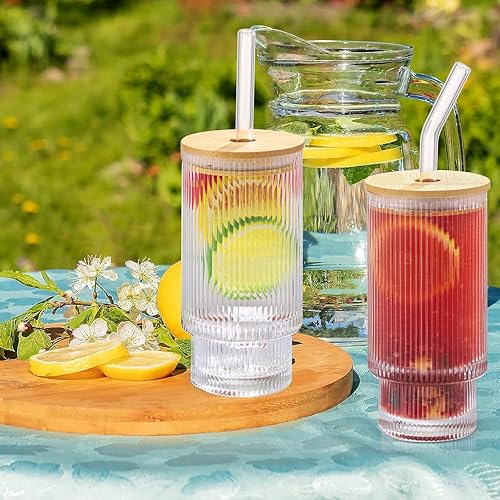Miniatura 6 de Vasos acanalados con tapas y pajitas de bambú, juego de 4 vasos de vidrio acanalado de 12 onzas, cristalería acanalada vintage acanalada, taza de