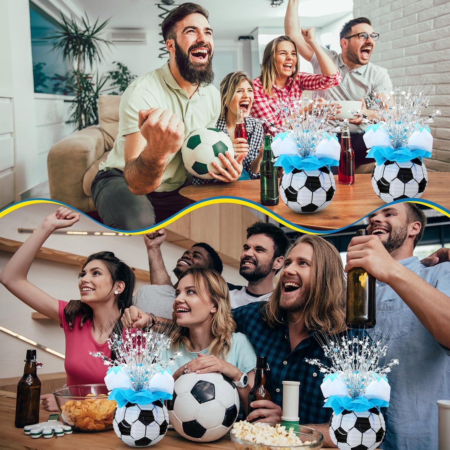 Rossesay 26 Pieces Soccer Ball Lantern Centerpieces Decorations Soccer Centerpieces Supplies with Metallic Foil Spray Centerpiece Wrapping Paper and Ribbons for Soccer Birthday Party Decorations