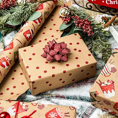 Miniatura 160 de Yarcony Papel kraft de regalo de Navidad, papel de regalo negro, árboles de Navidad de lujo, renos, copos de nieve, papel de estraza resistente