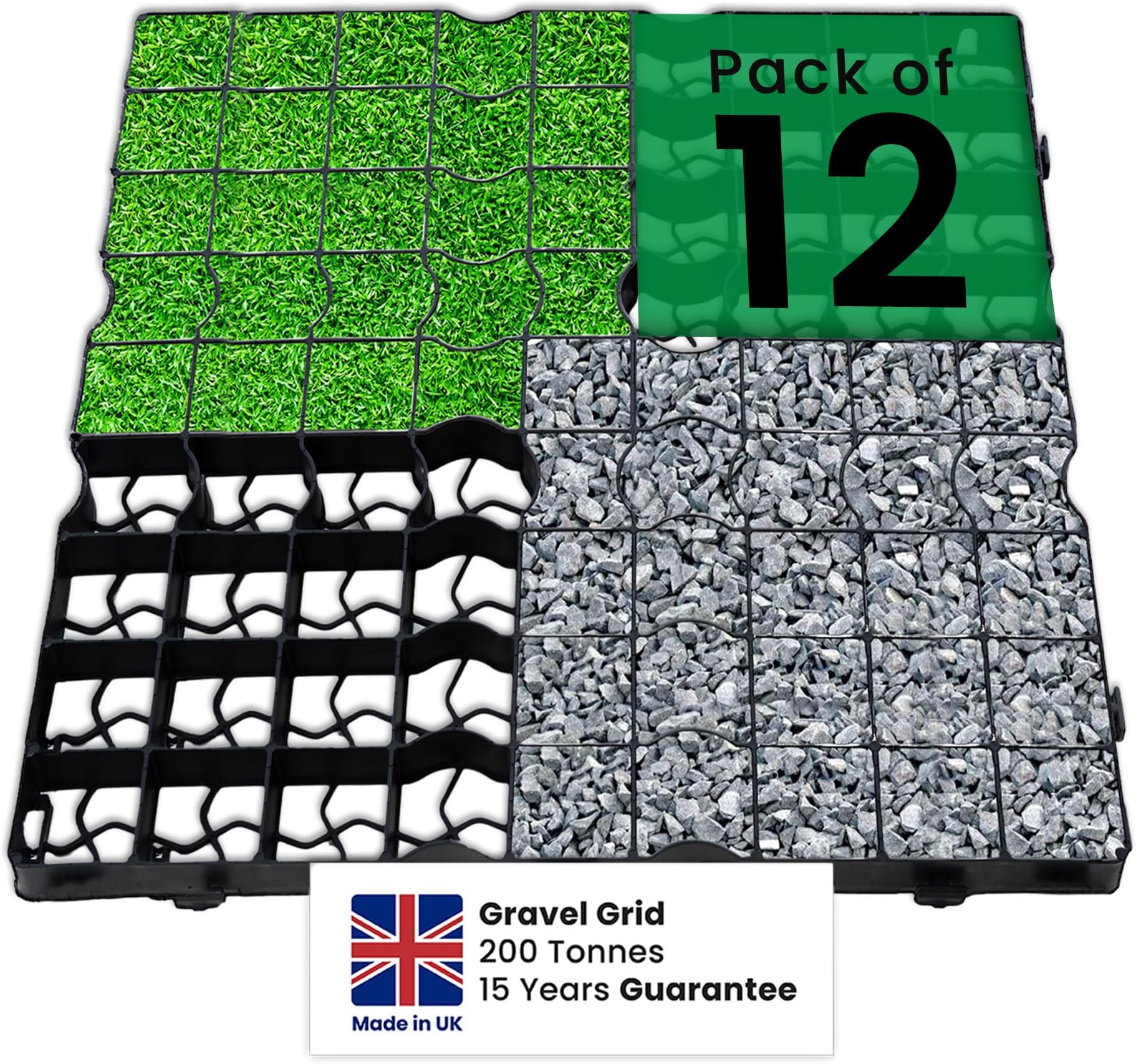 Plastic Shed Base - Sturdy Driveway Grids and Lawn Mats, Gravel Grid Grass Mat Combo, UK-Made Grass Grids, Garden Path Ground Matting for Gravel Stabiliser, Rubber Grass Mats, Pack of 12